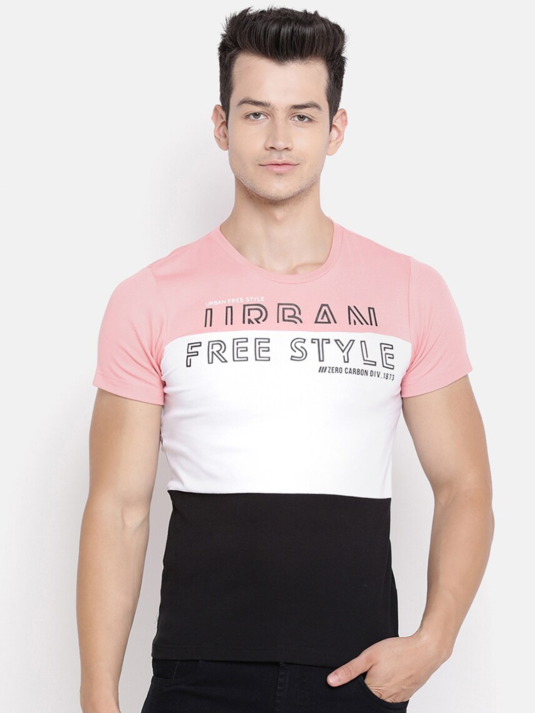 

V2 Value & Variety Men Beige & White Colorblocked Pure Cotton Round Neck T-shirt