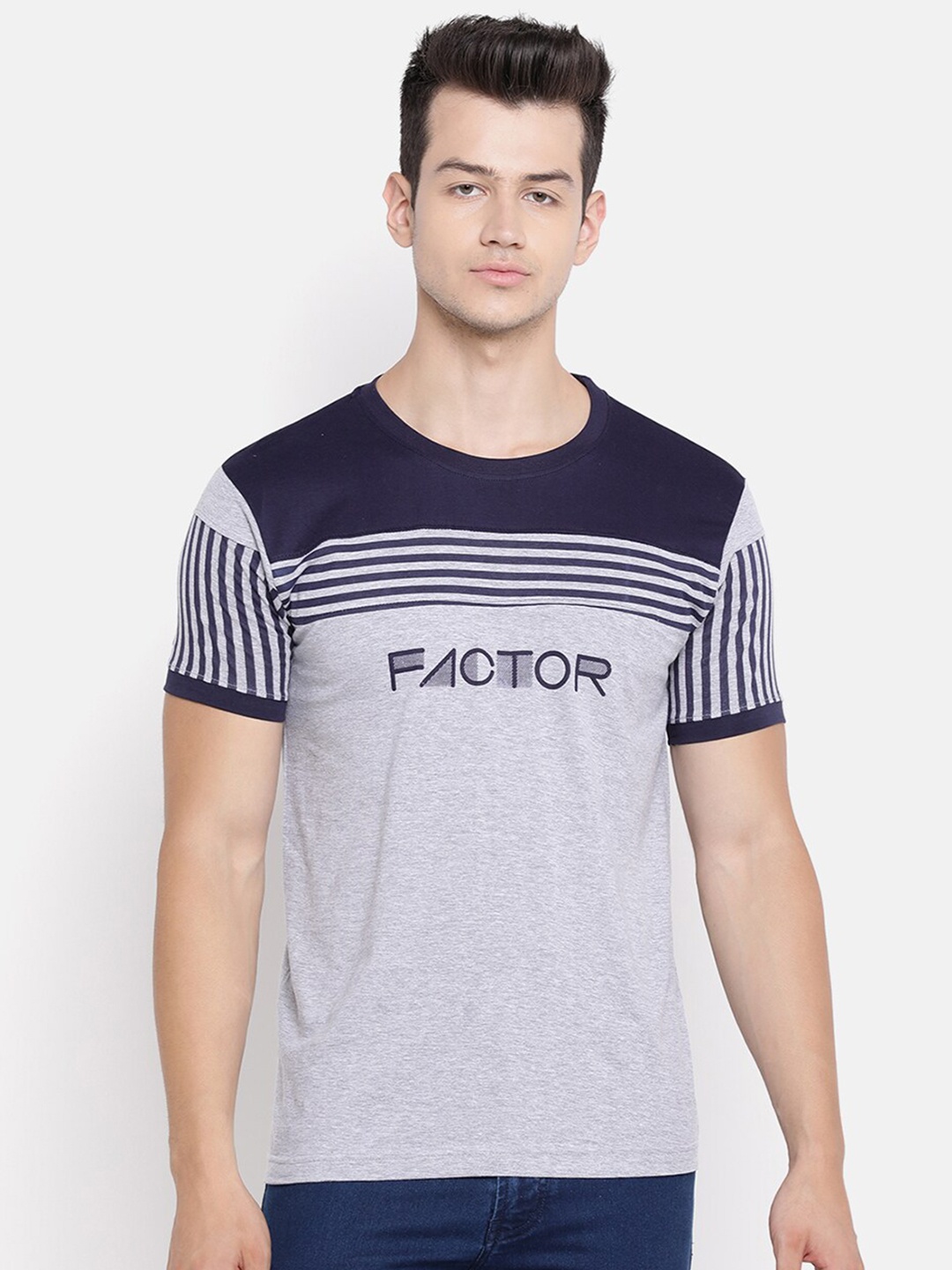

V2 Value & Variety Men Grey & Navy Blue Colourblocked Cotton T-shirt