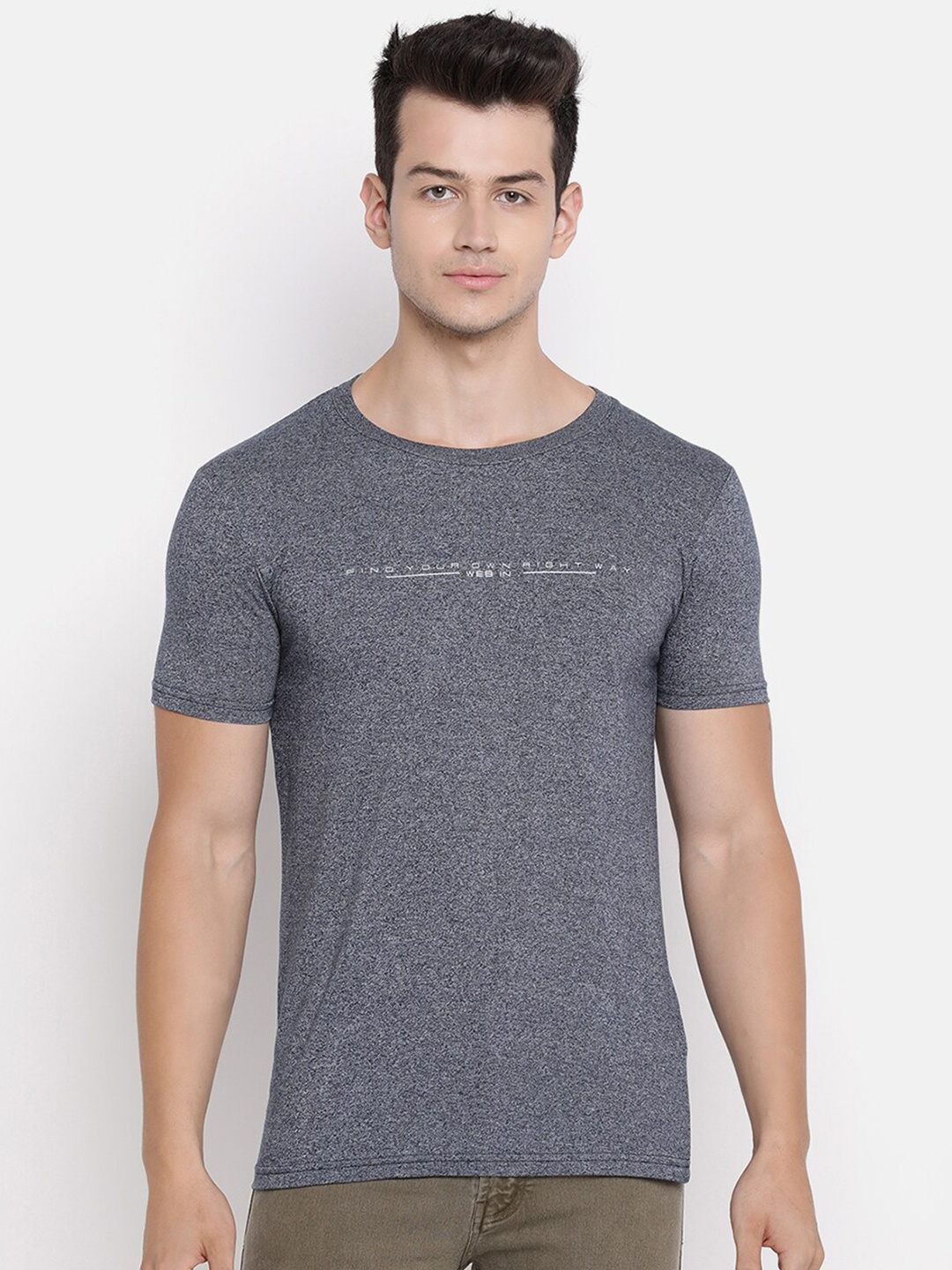 

V2 Value & Variety Men Navy Blue Melange Self Design Cotton T-shirt