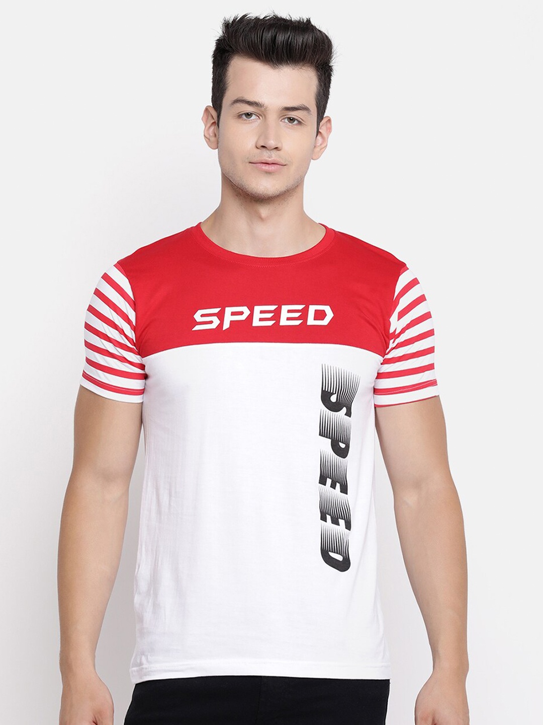 

V2 Value & Variety Men Red & White Typography Colourblocked T-shirt