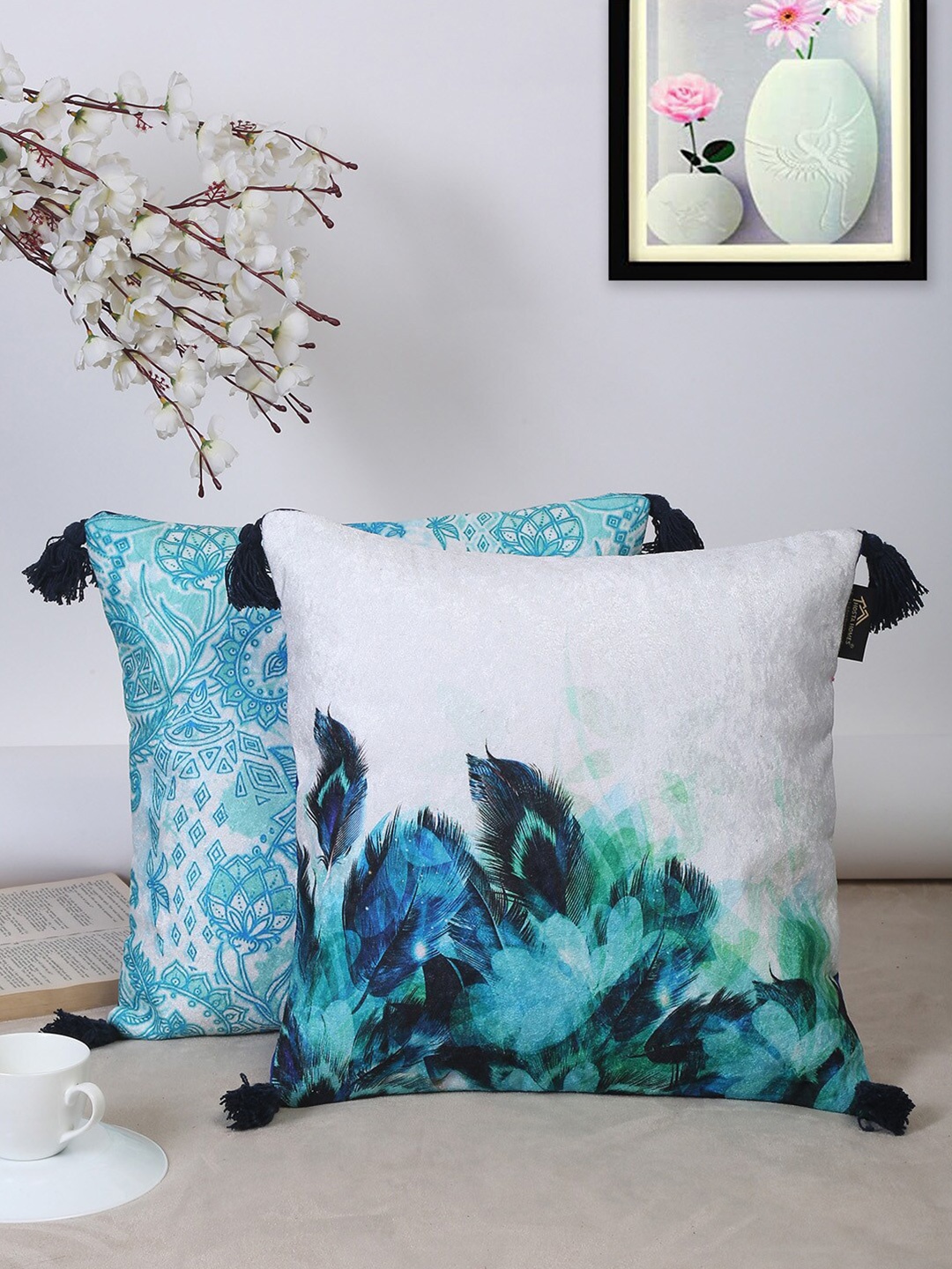 

HOSTA HOMES Turquoise Blue & White Set of 2 Ethnic Motifs Velvet Square Cushion Covers