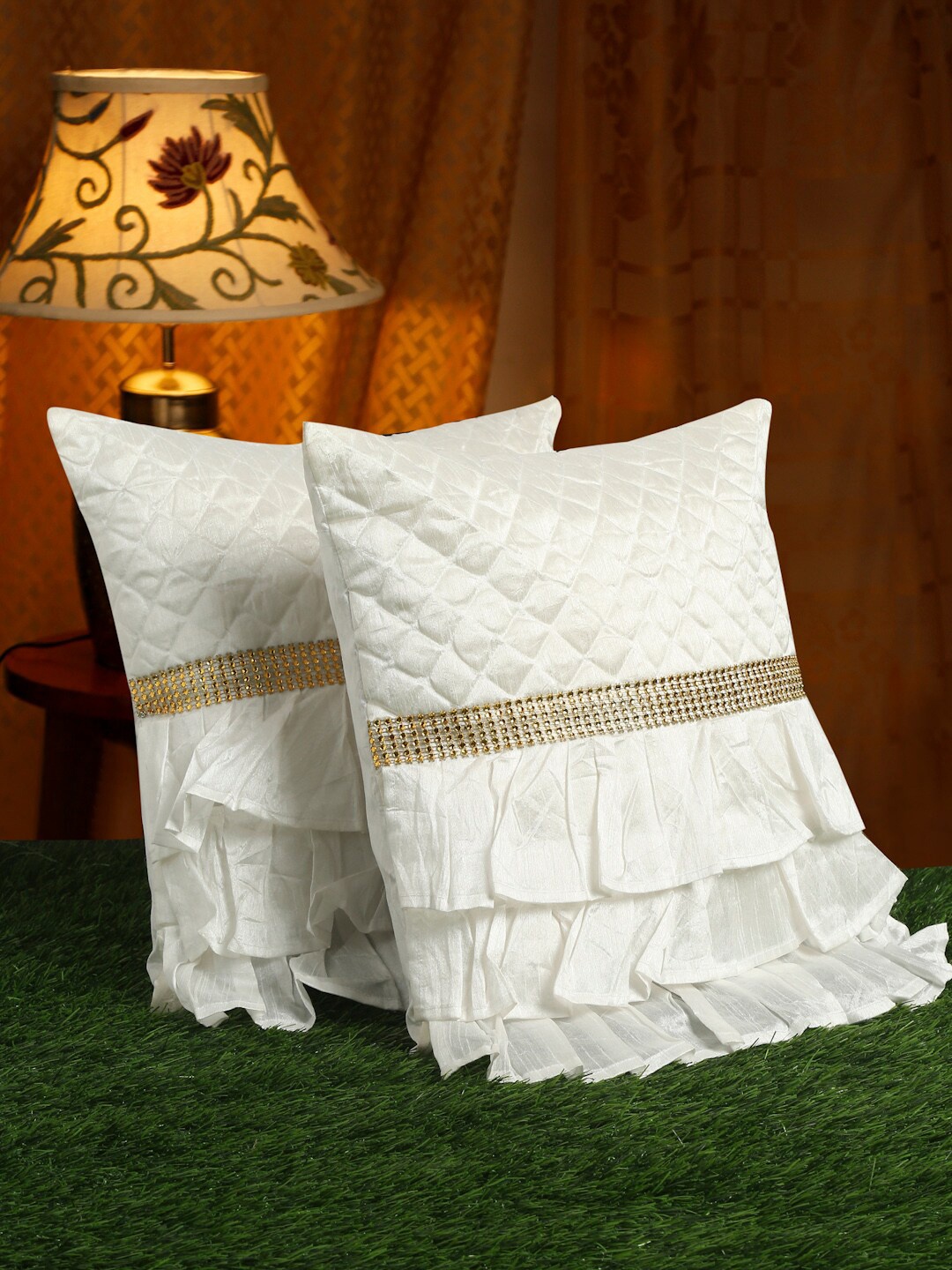 

HOSTA HOMES White & Gold-Toned Set of 2 Satin Square Cushion Covers