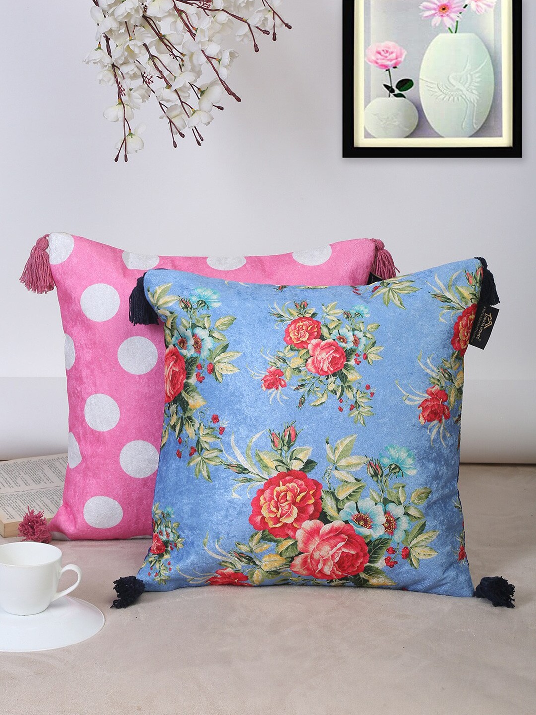 

HOSTA HOMES Blue & Pink Set of 2 Geometric Velvet Square Cushion Covers