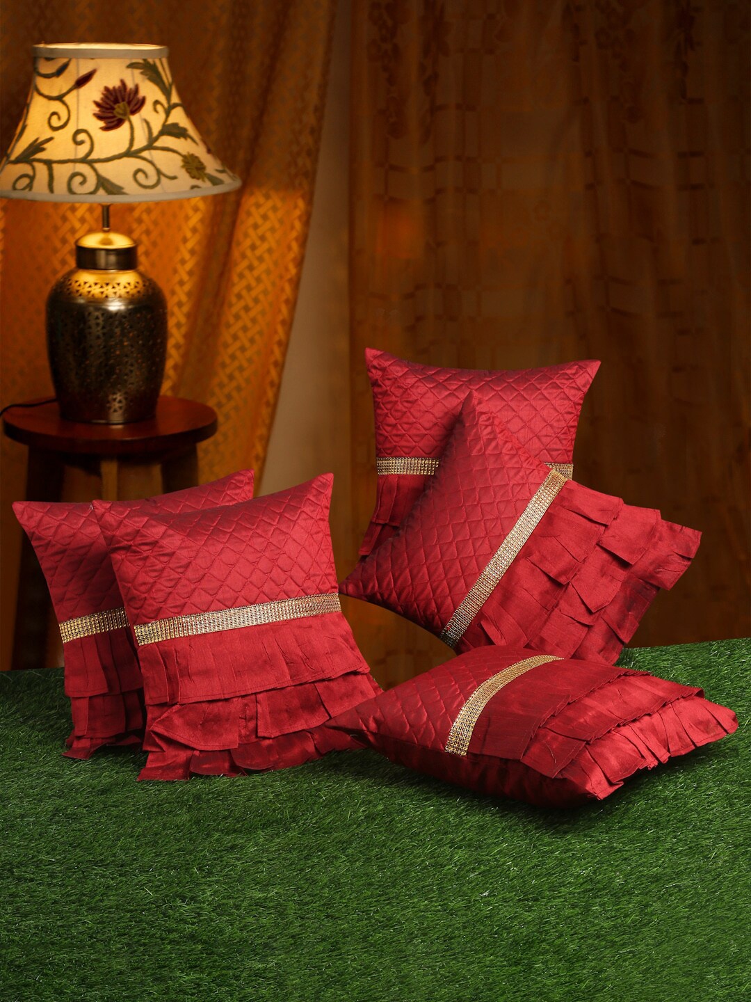 

HOSTA HOMES Maroon & Gold-Toned Set of 5 Satin Square Cushion Covers