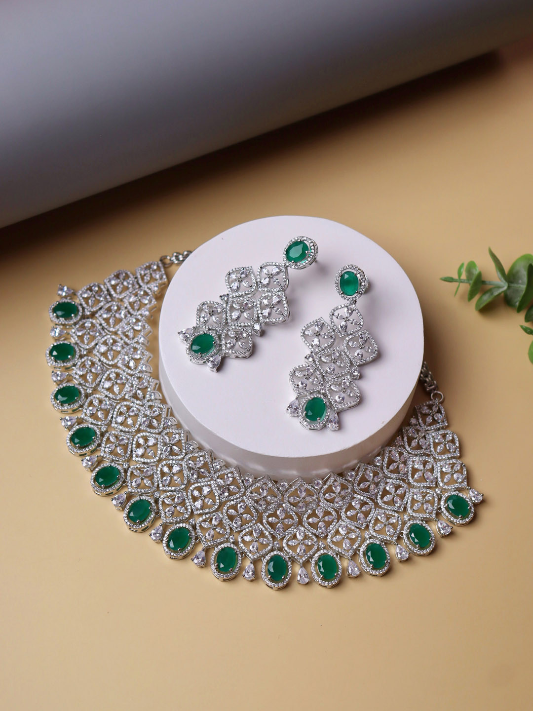 

CURIO COTTAGE Rhodium-Plated Green Diamante CZ-Studded Jewellery Set