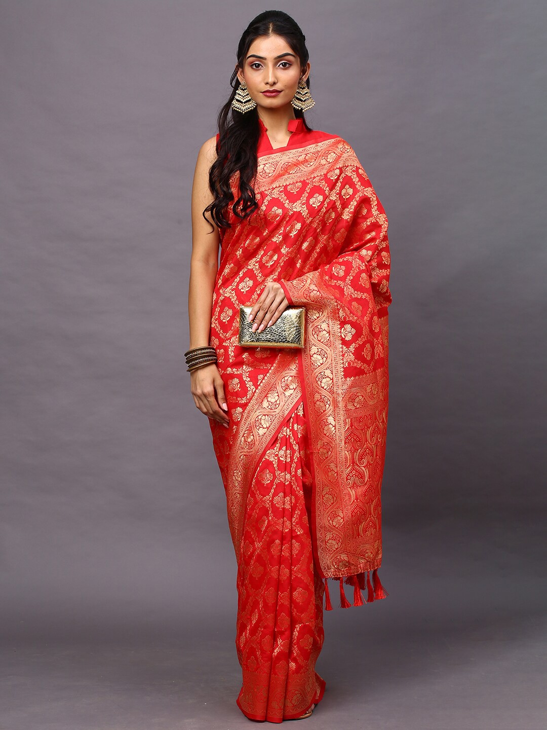 

Mitera Women Red Ethnic Motifs Woven Design Banarasi Saree