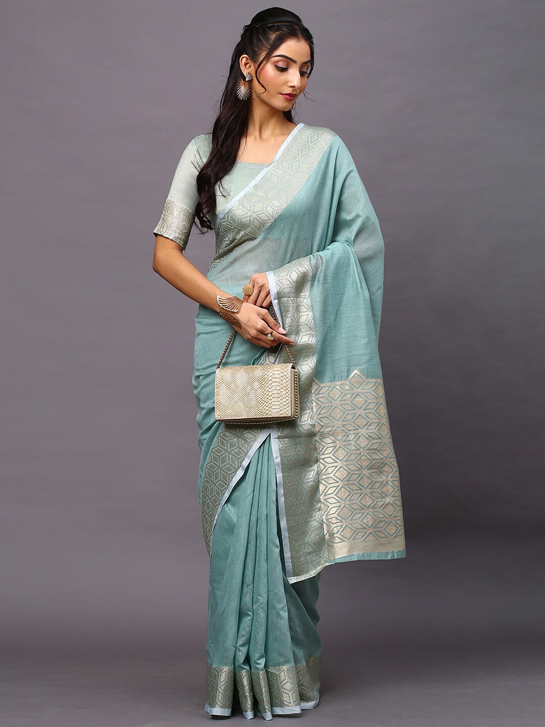 

Mitera Sea Green & Gold-Toned Woven Design Zari Linen Blend Taant Saree