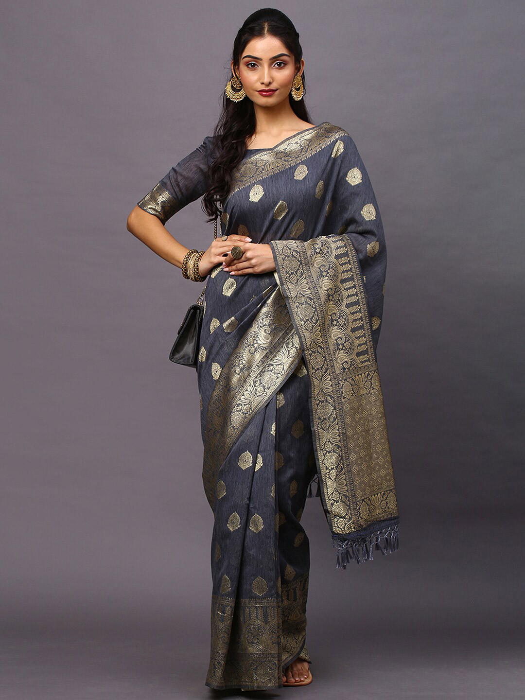 

Mitera Grey & Gold-Toned Ethnic Motifs Zari Silk Blend Banarasi Saree