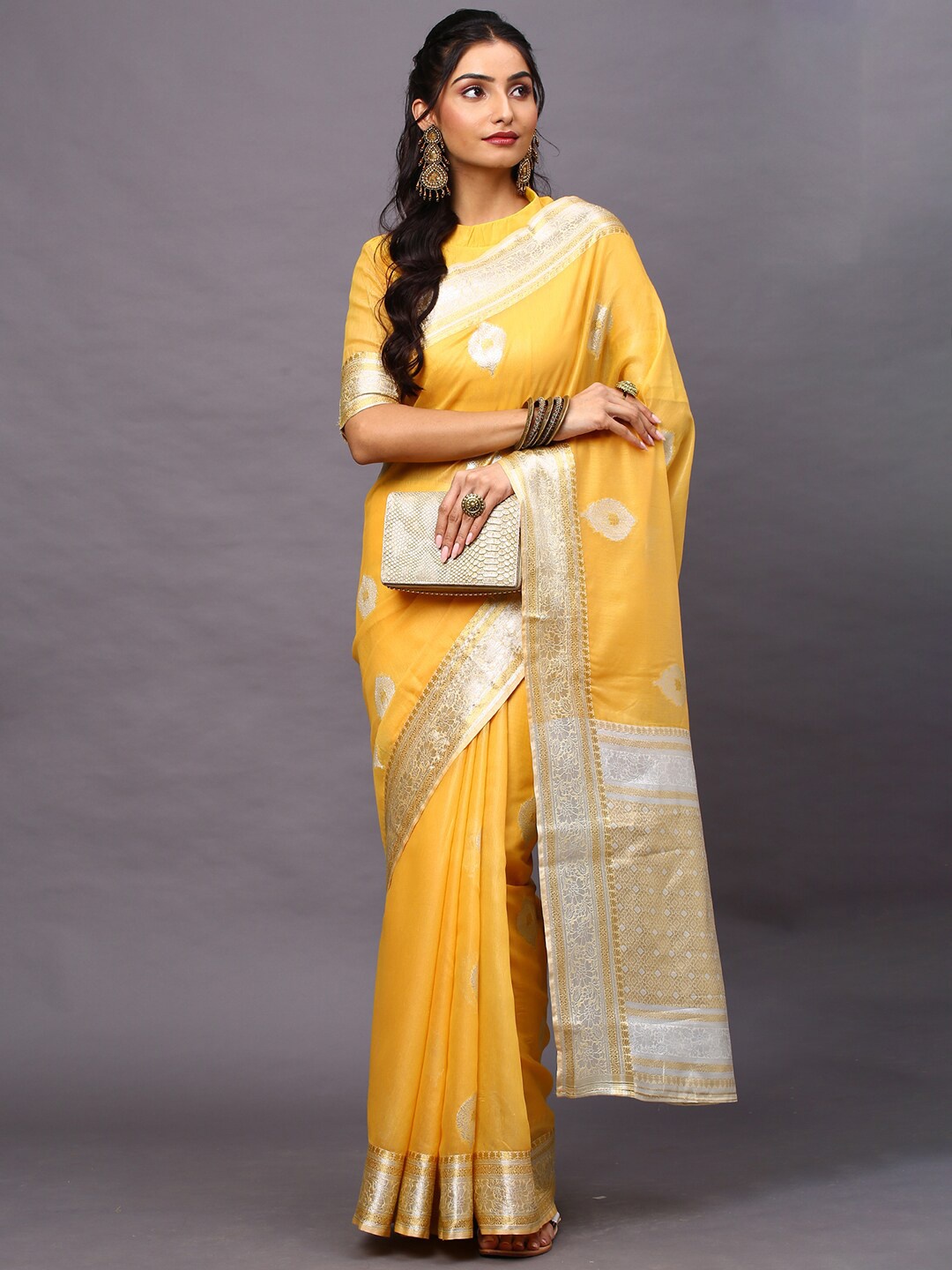 

Mitera Yellow & Gold-Toned Woven Design Zari Silk Cotton Banarasi Saree