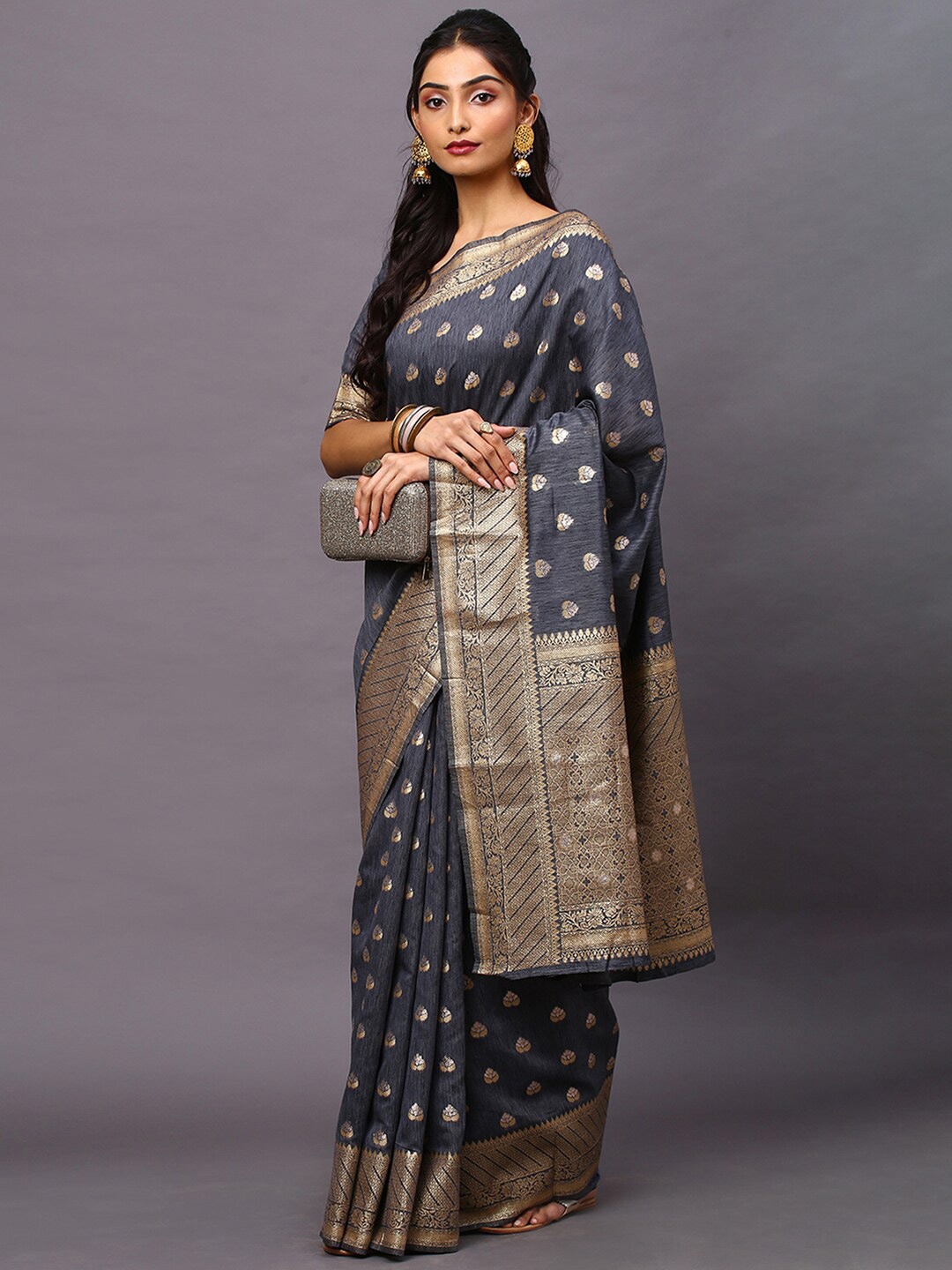 

Mitera Grey & Gold-Toned Woven Design Zari Silk Blend Banarasi Saree