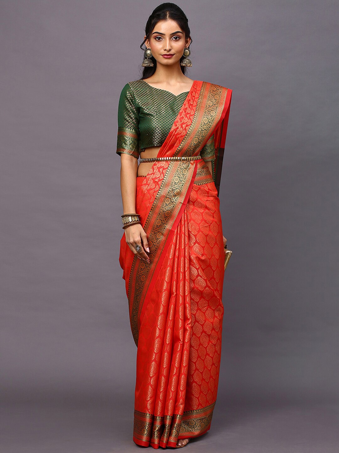

Mitera Red & Green Woven Design Zari Silk Blend Banarasi Saree