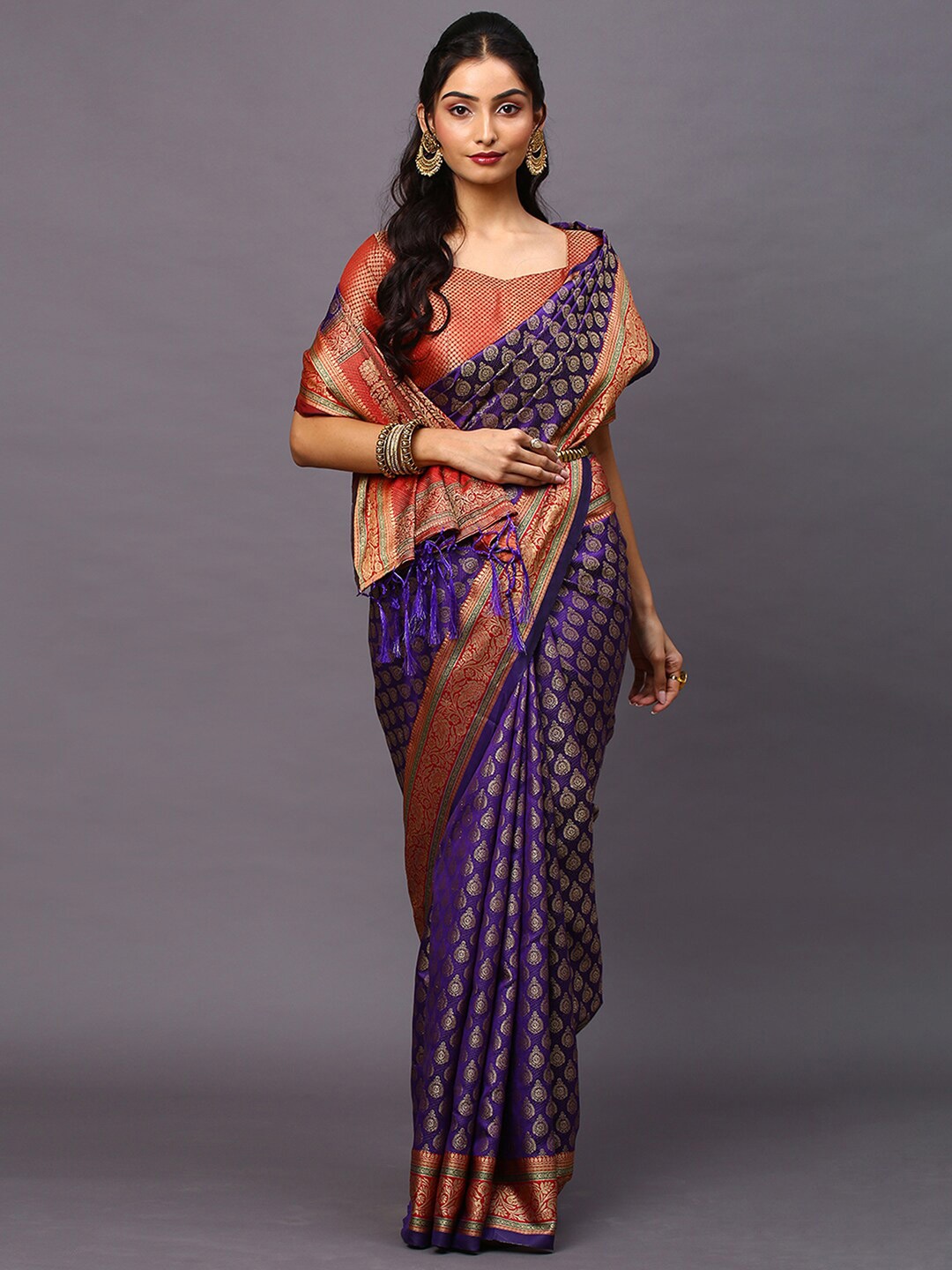 

Mitera Purple & Red Woven Design Zari Silk Blend Banarasi Saree