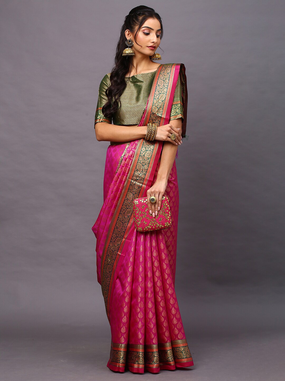 

Mitera Magenta & Green Woven Design Zari Silk Blend Banarasi Saree