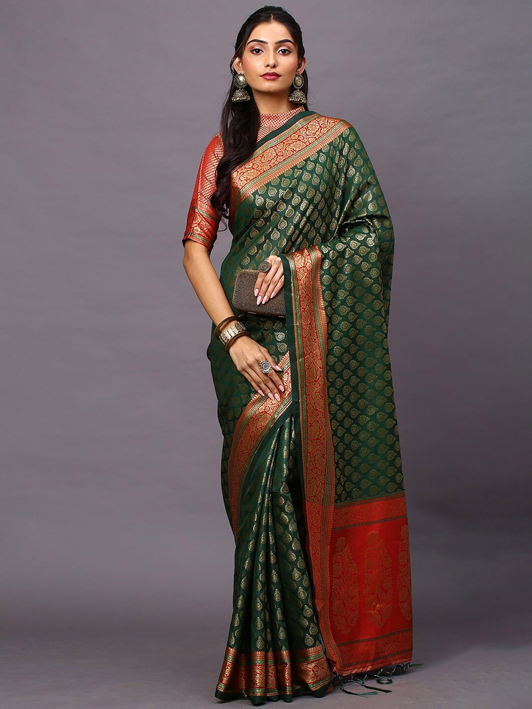 

Mitera Green & Red Woven Design Zari Silk Blend Banarasi Saree