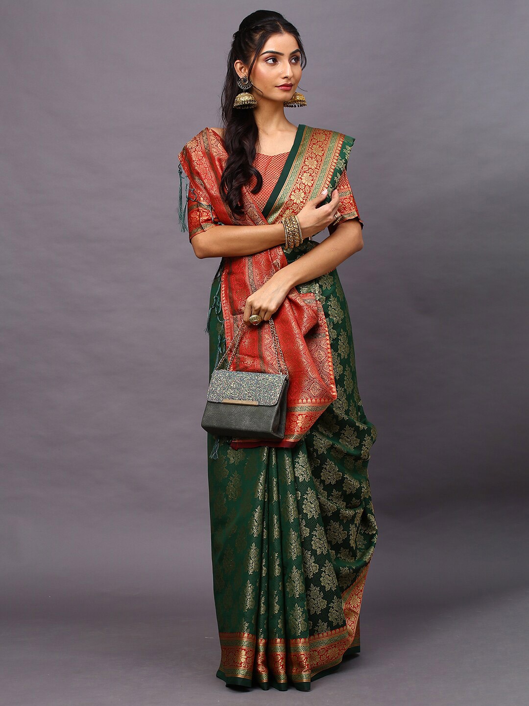 

Mitera Green & Red Woven Design Zari Silk Blend Banarasi Saree