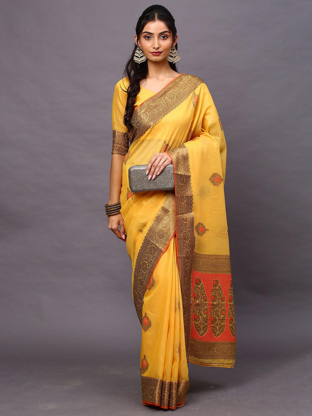 

Mitera Yellow & Red Woven Design Zari Silk Blend Banarasi Saree