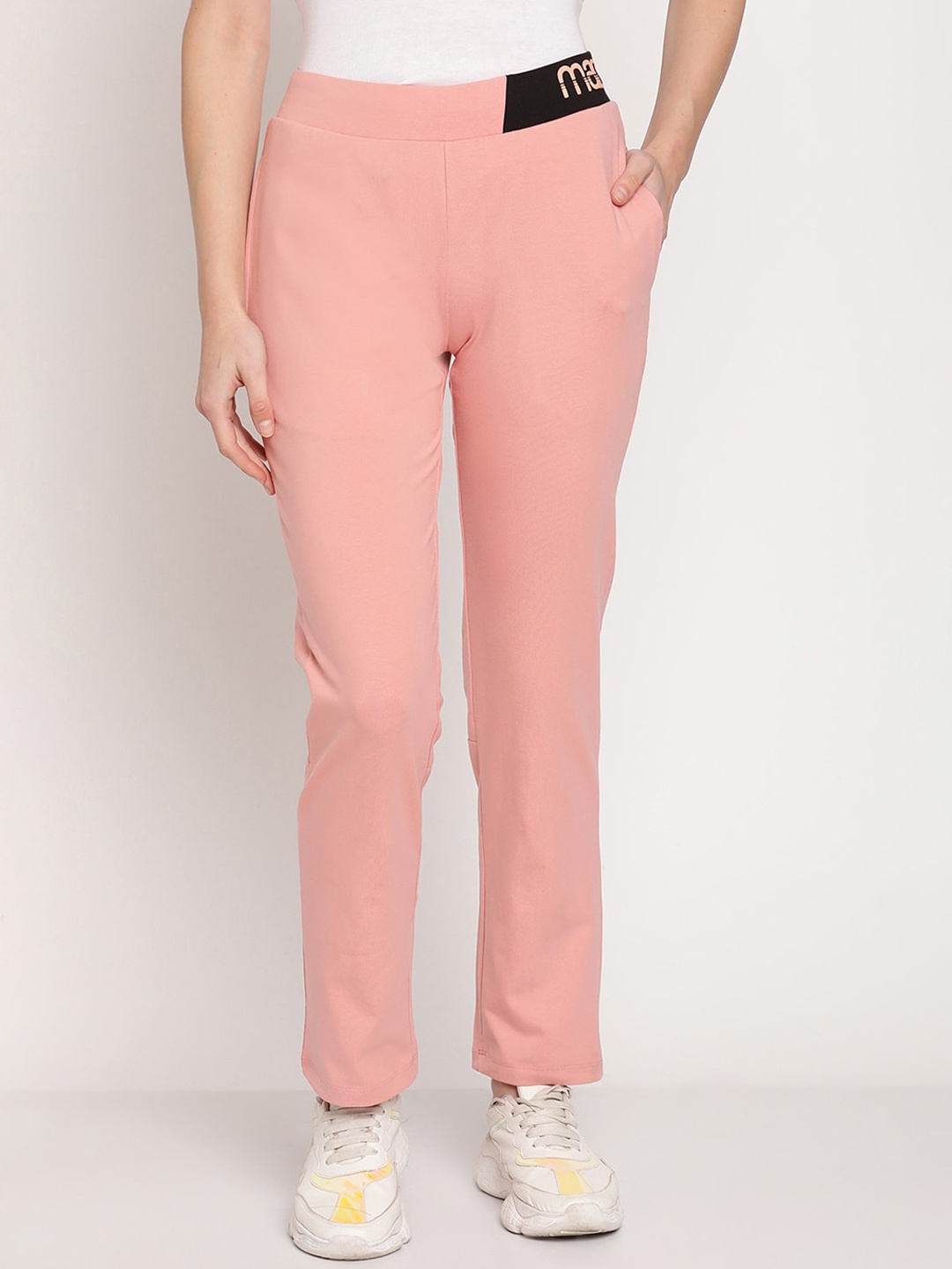 

Madame Women Peach-Coloured Solid Cotton Track Pants