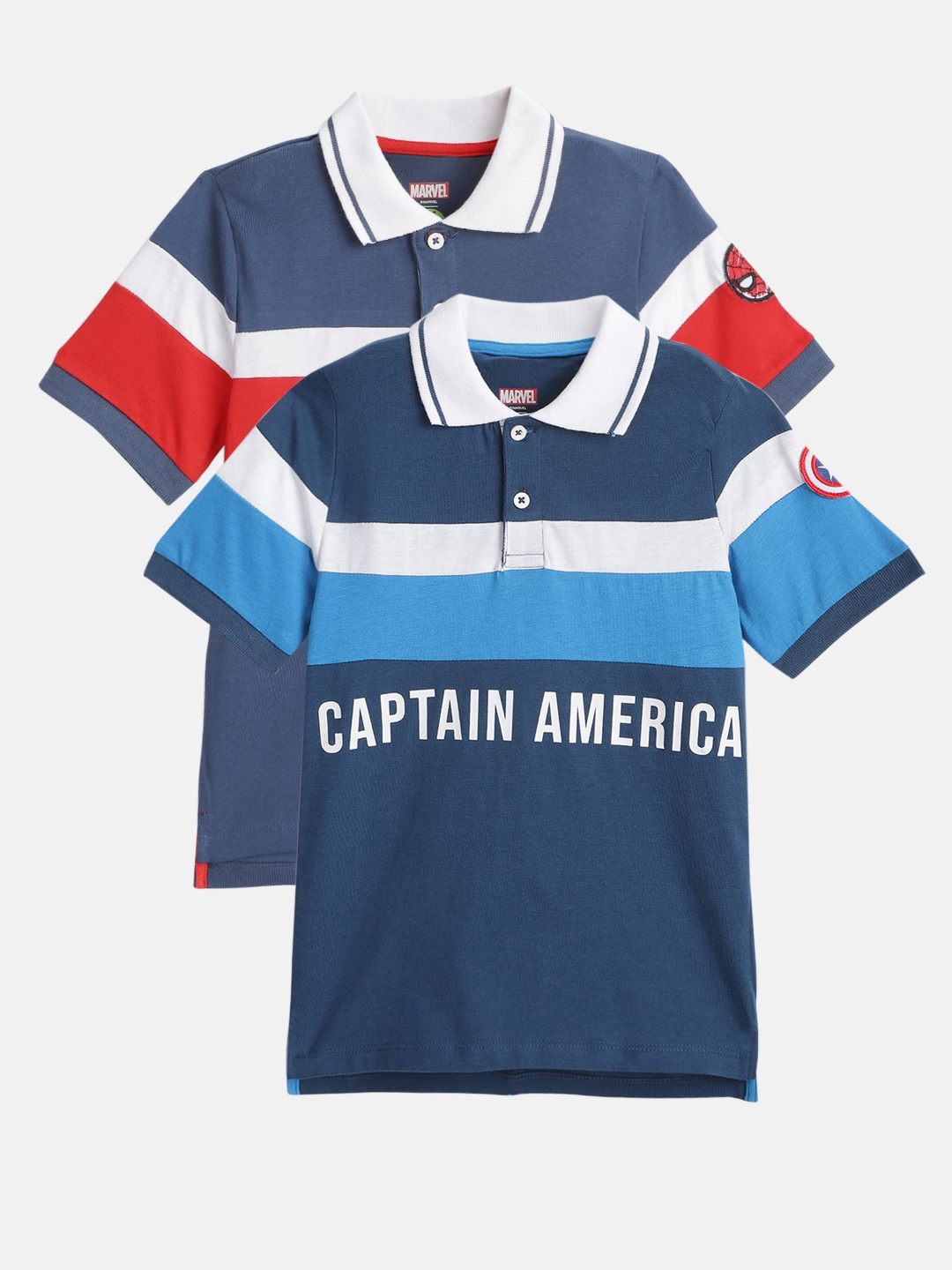 

YK Marvel Boys Navy Blue & White Pack of 2 Pure Cotton Striped Polo Collar T-shirts