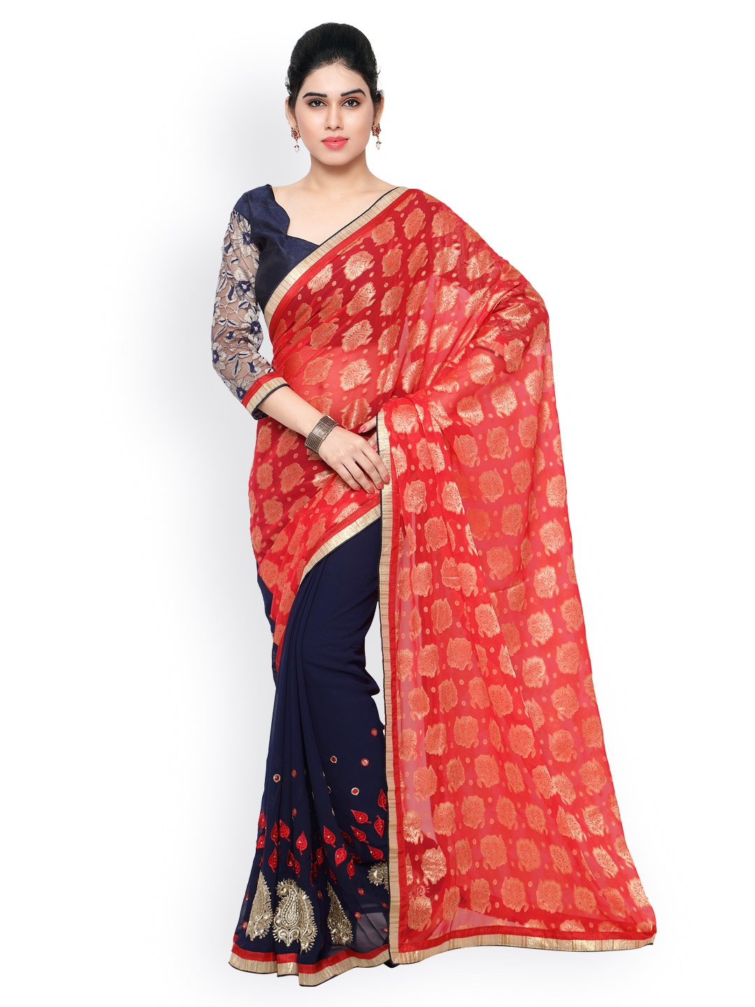 

Blissta Red & Navy Dupion & Georgette Embroidered Saree