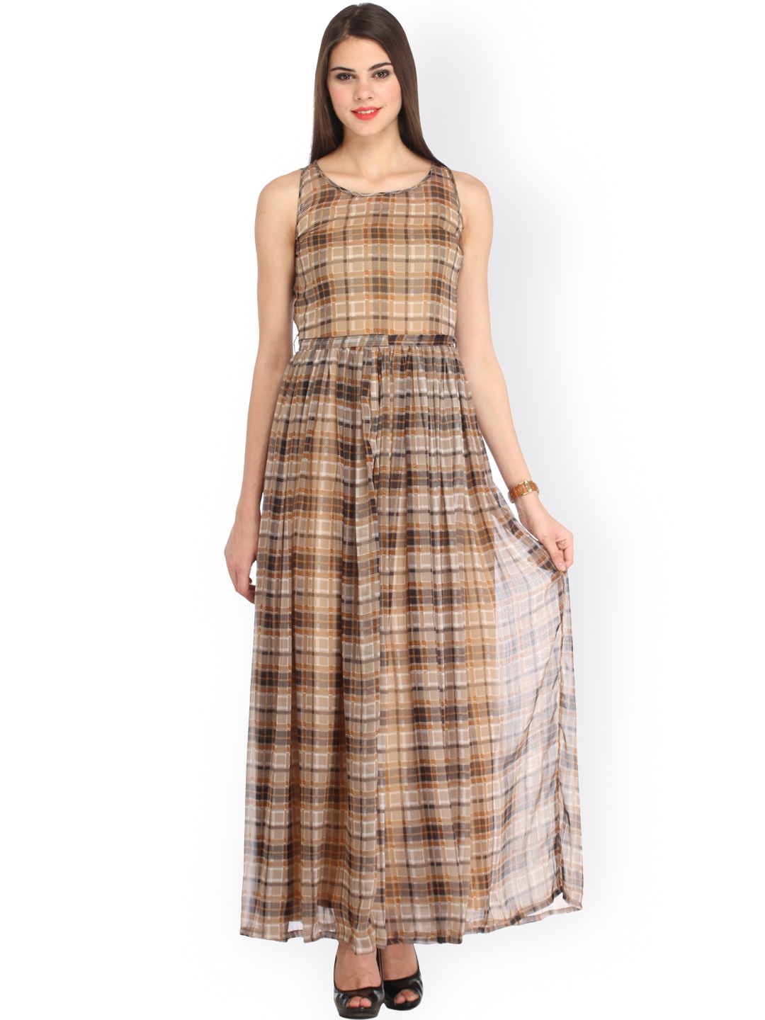 

Cation Women Beige & Brown Checked Maxi Dress