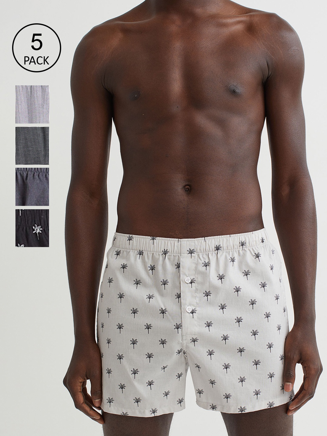 

H&M Men Pack of 5 Grey Woven Cotton Boxer Shorts