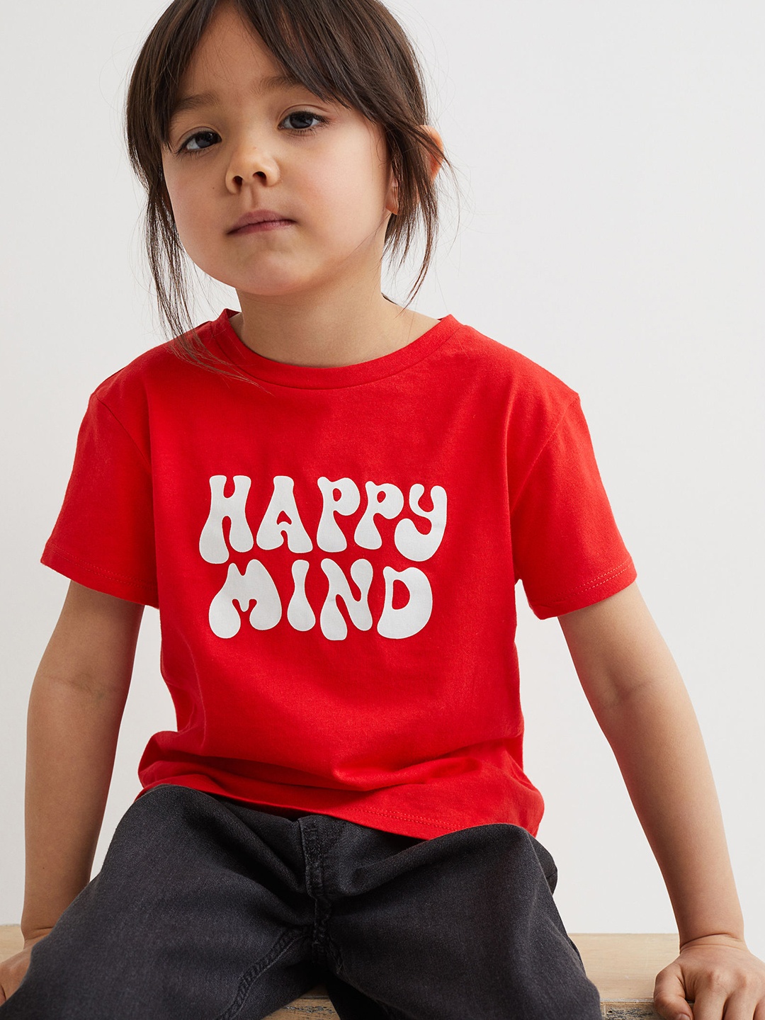 

H&M Girls Red & White Printed Cotton Round Neck T-shirt