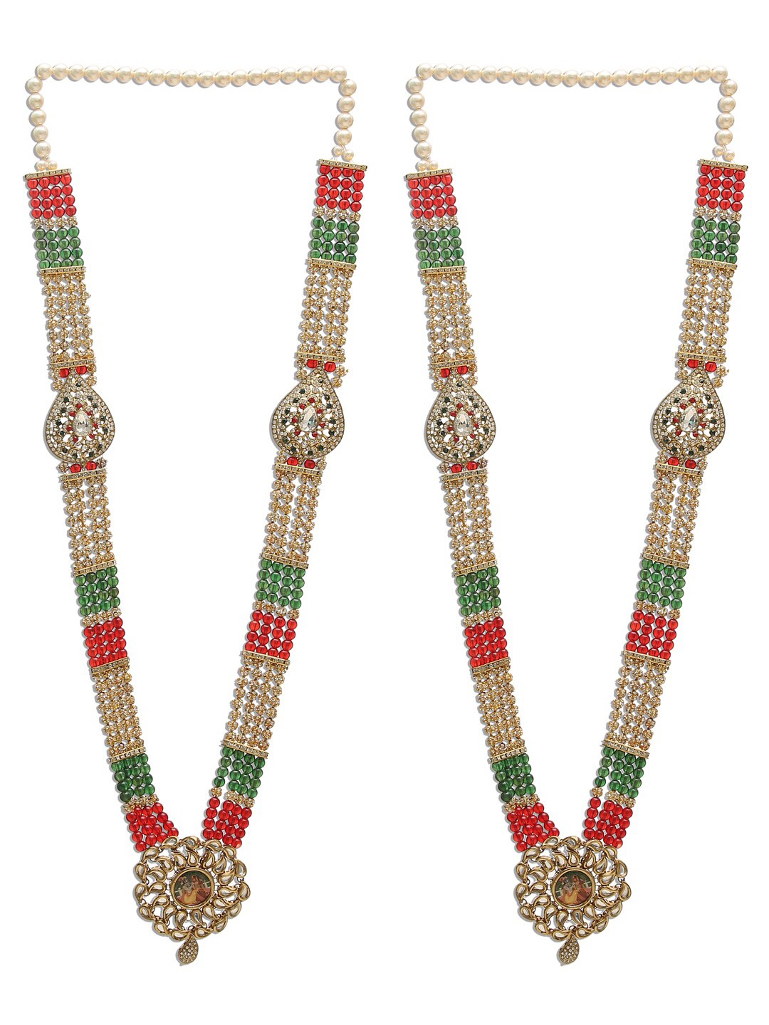 

DEVOILER Set of 2 Green & Red Beaded Wedding Varmala, Cream