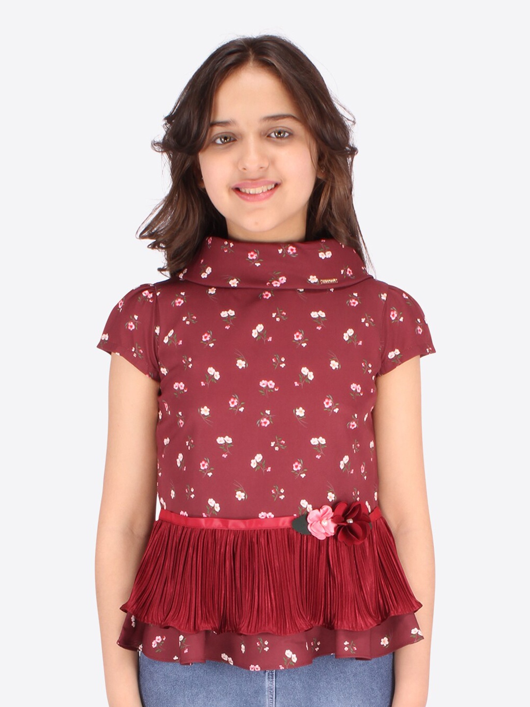 

CUTECUMBER Girls Maroon Floral Print Peplum Top