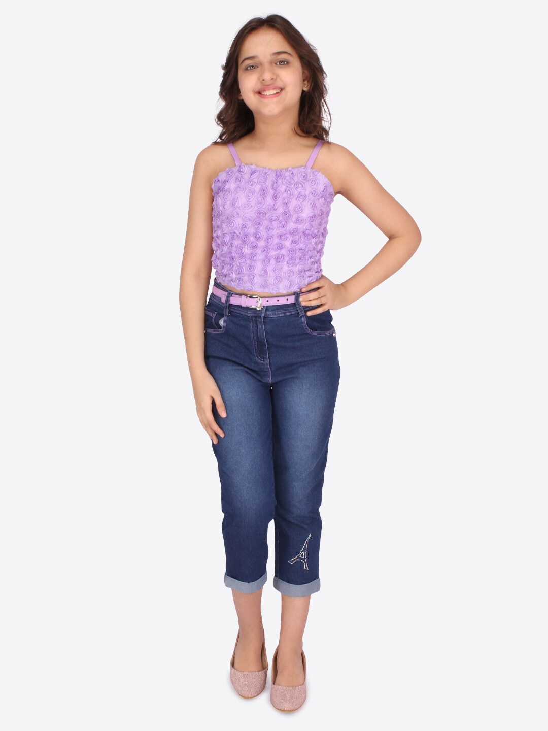 

CUTECUMBER Girls Purple & Blue Self-Design Top with Capris