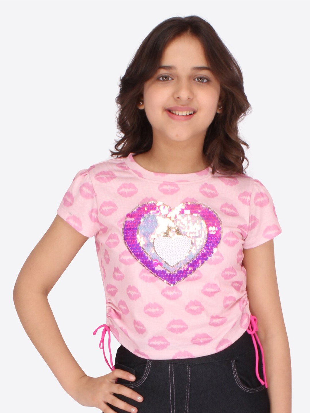 

CUTECUMBER Pink Printed Side Tie-ups Sequined Crop Top