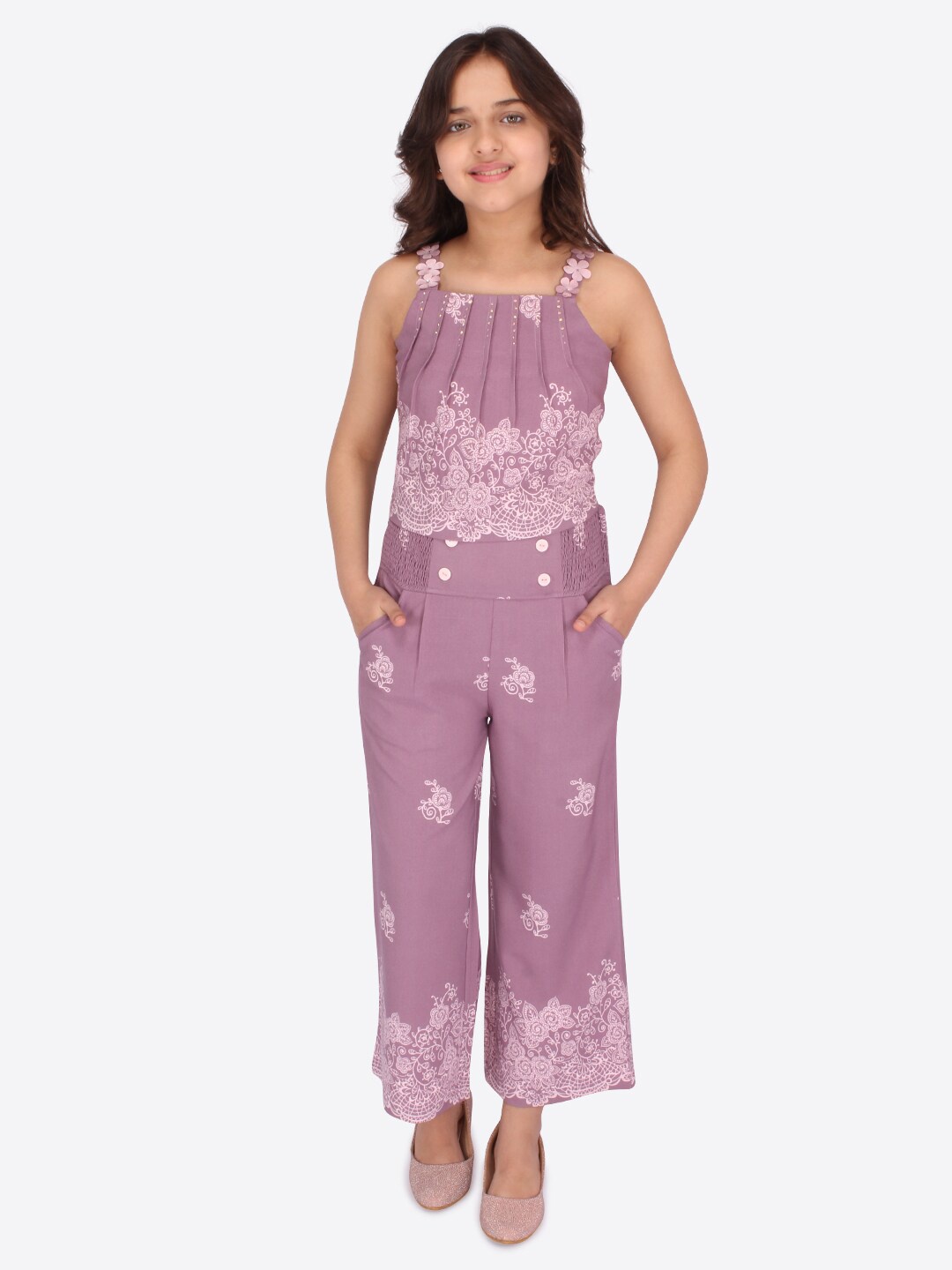 

CUTECUMBER Girls Mauve Printed Top with Palazzos Clothing set