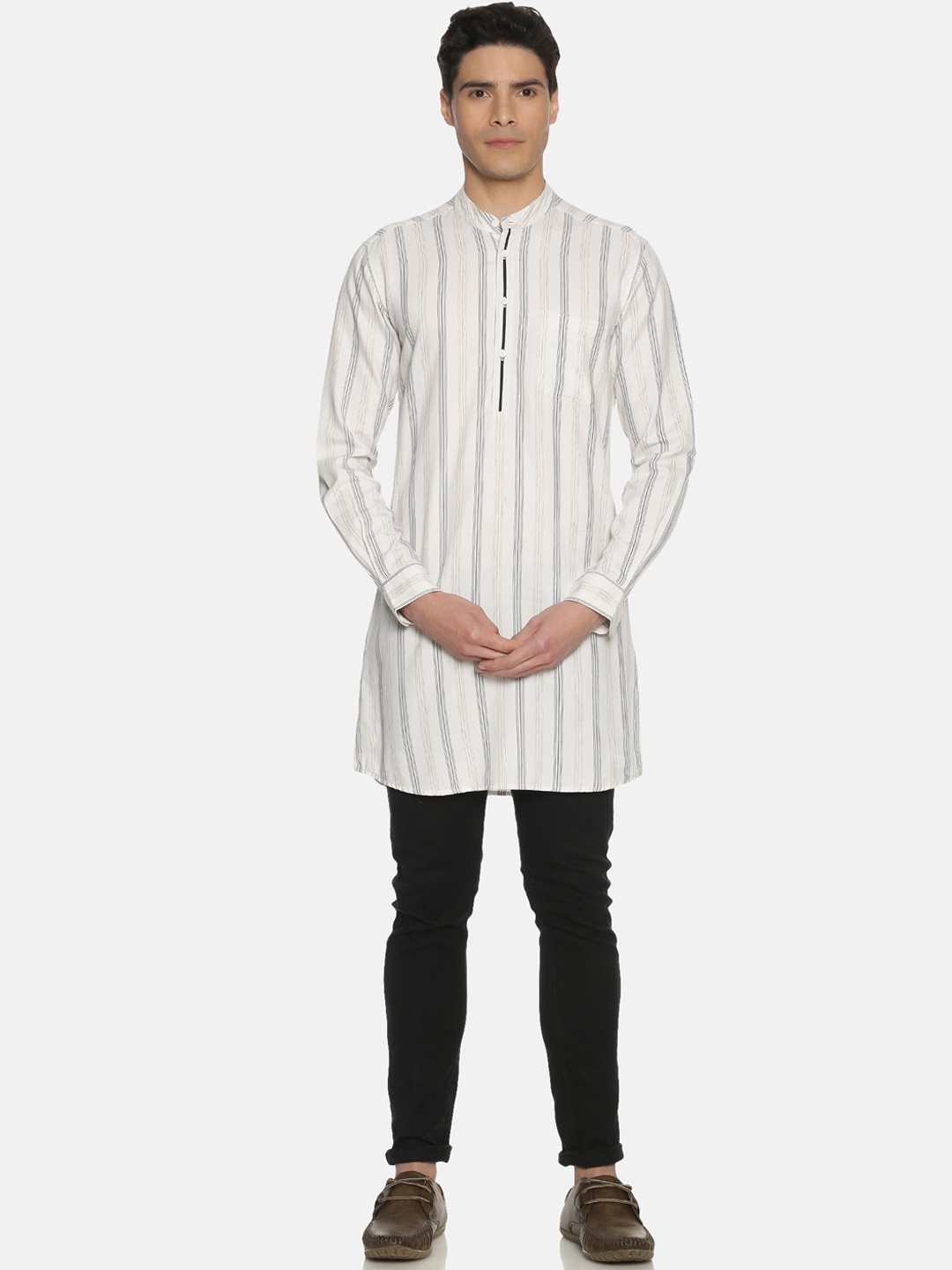 

IVOC Men White Striped Regular Cotton Kurta