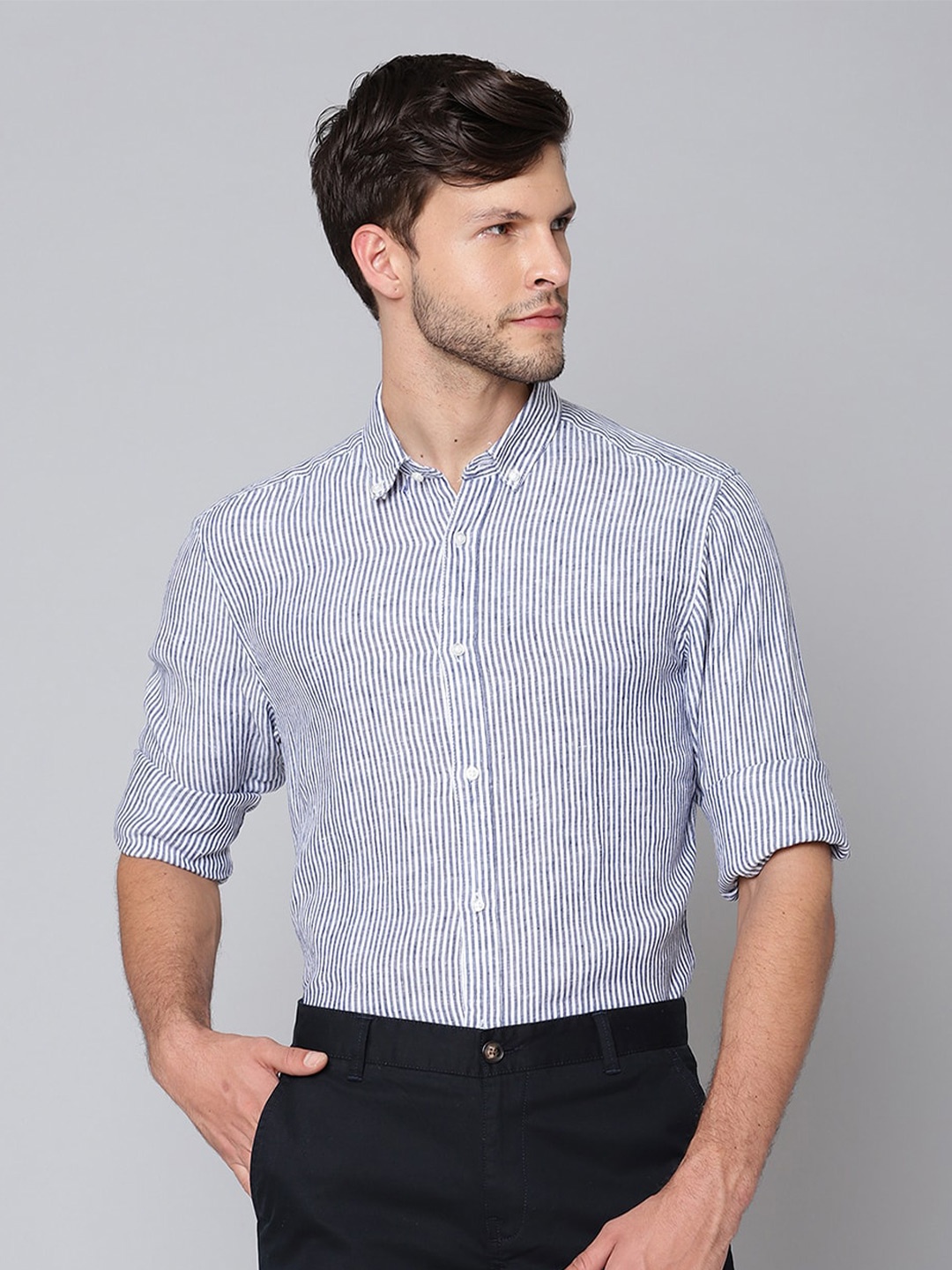 

Bruun & Stengade Men Blue & White Slim Fit Bengal Striped Pure Linen Casual Shirt