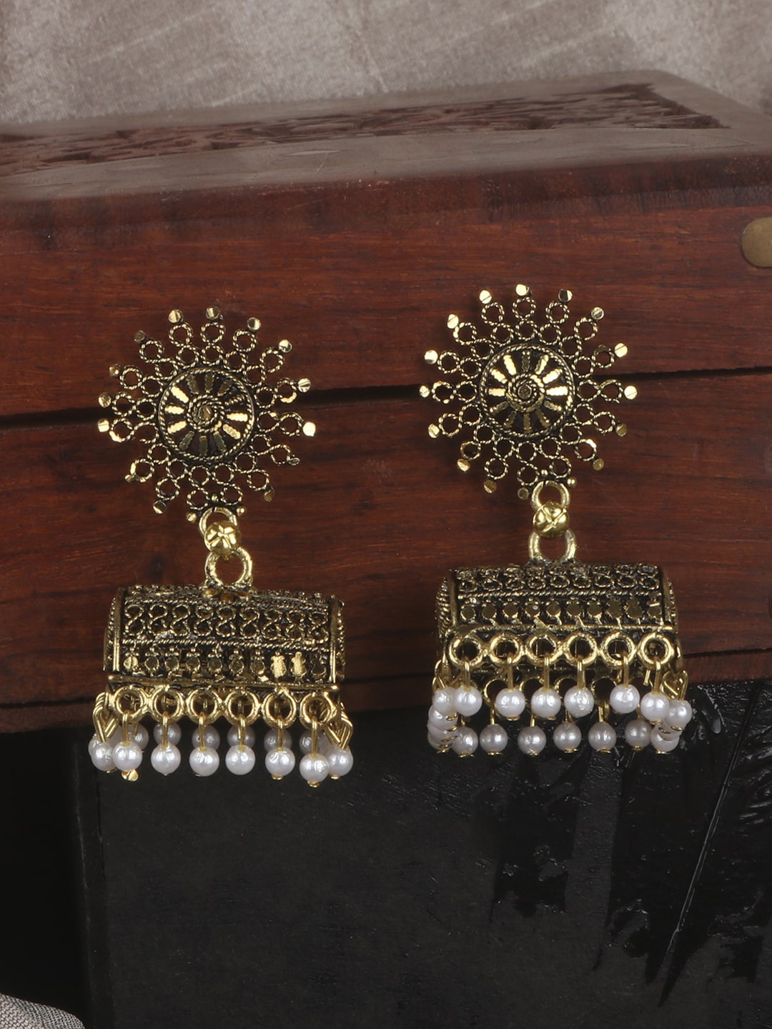 

ANIKAS CREATION Gold-Plated & White Contemporary Jhumkas