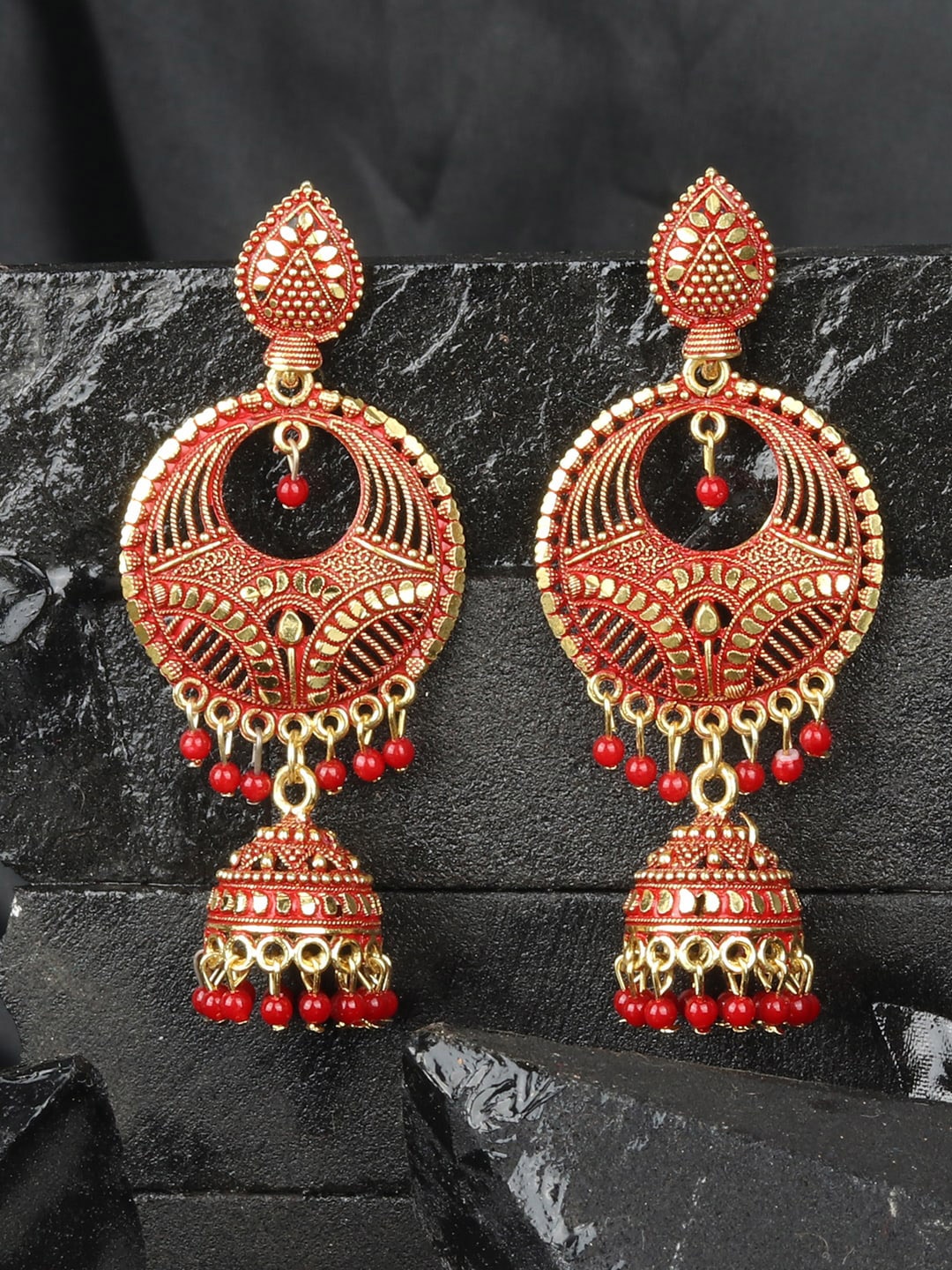 

ANIKAS CREATION Gold-Toned & Red Dome Shaped Jhumkas Earrings