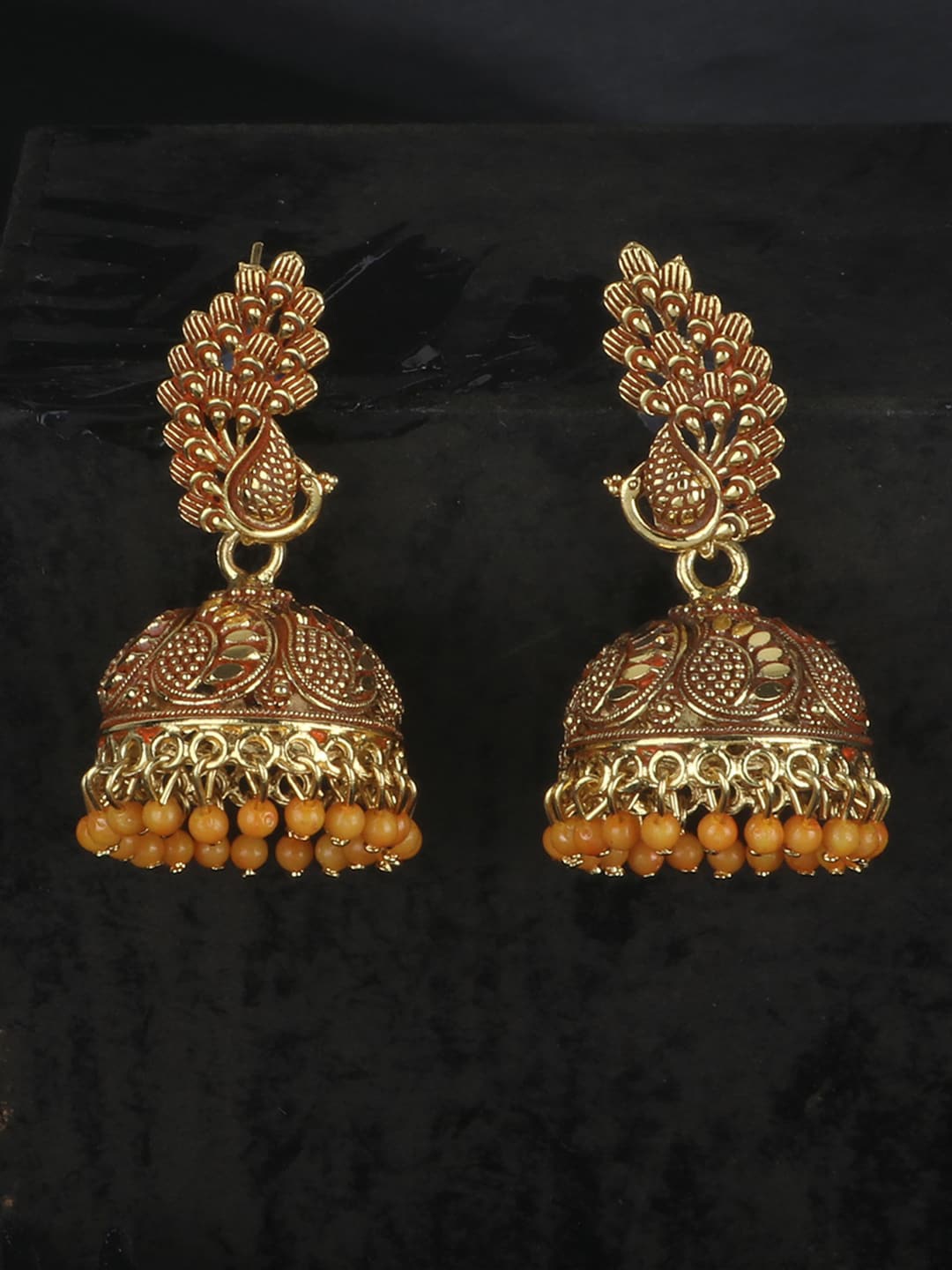 

ANIKAS CREATION Yellow & Gold-Plated Contemporary Jhumkas Earrings