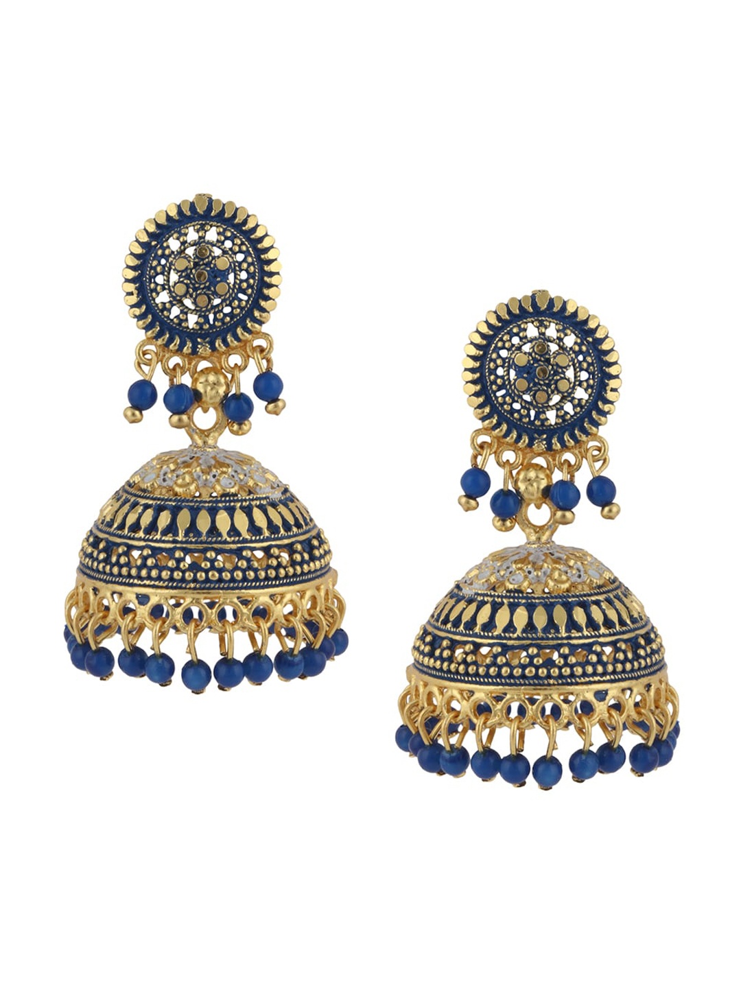 

ANIKAS CREATION Blue & Gold-Toned Contemporary Jhumkas Earrings