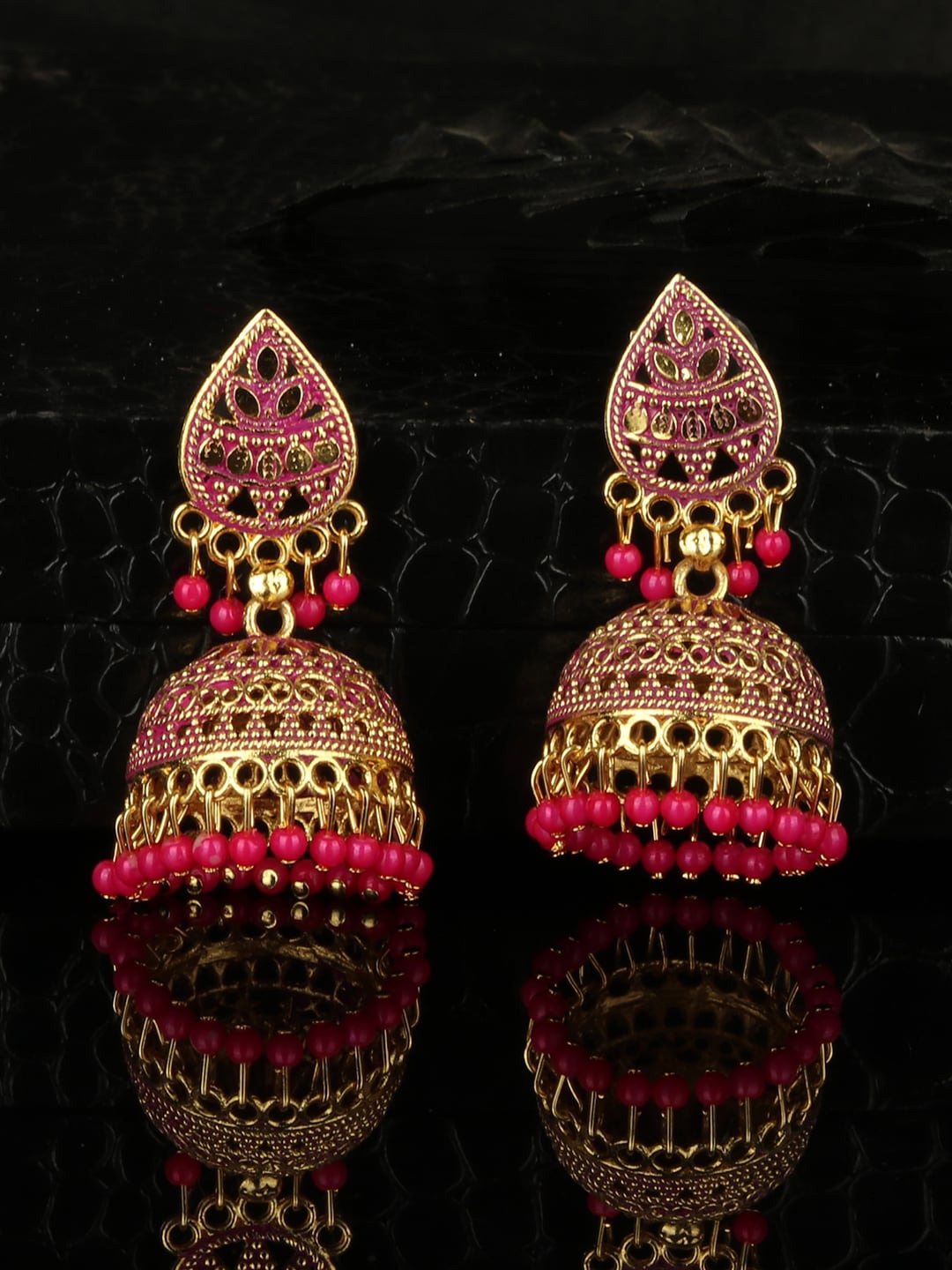 

ANIKAS CREATION Magenta & Gold-Plated Contemporary Jhumkas Earrings