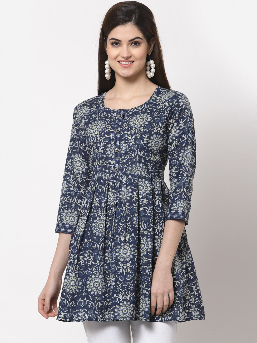 

KBZ Blue & Cream-Coloured Print Cotton Longline Top