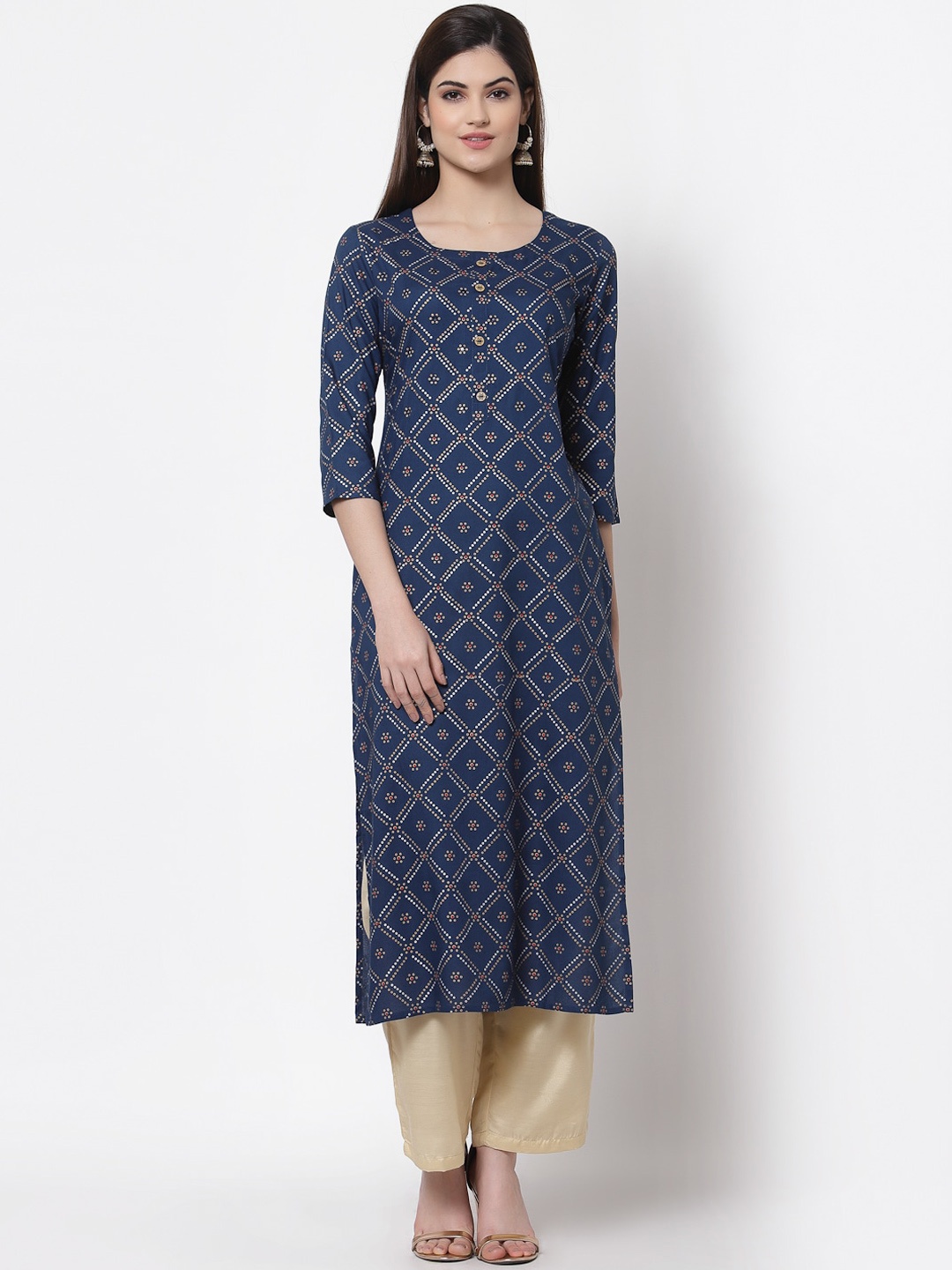 

KBZ Navy Blue Geometric Printed Straight Kurta
