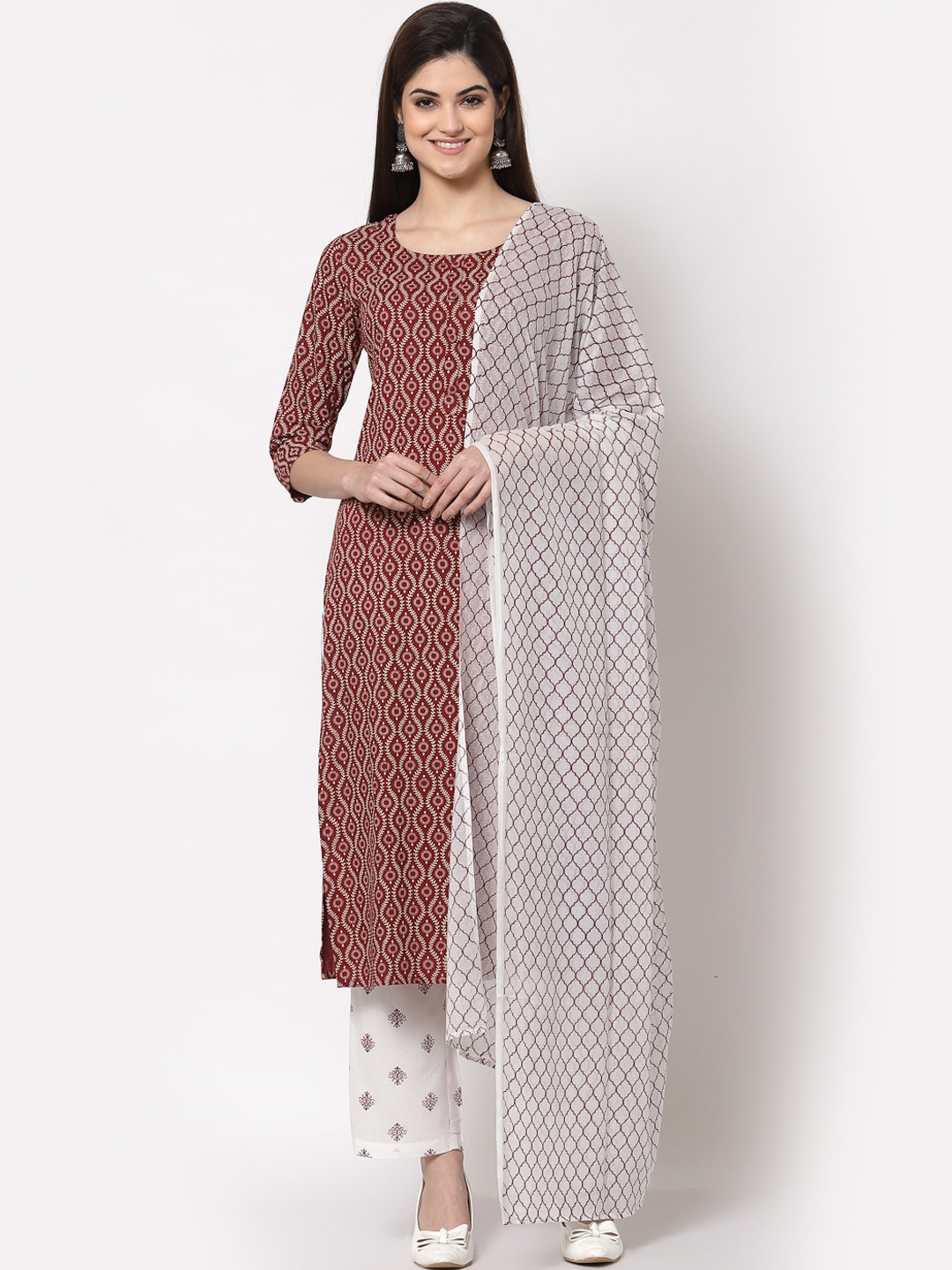 

KBZ Women Maroon Ethnic Motifs Printed Layered Kurta with Palazzos & With Dupatta
