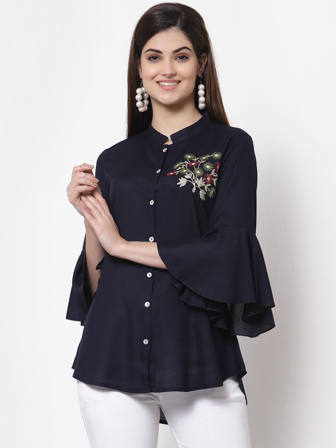 

KBZ Navy Blue Floral Embroidered Mandarin Collar Top