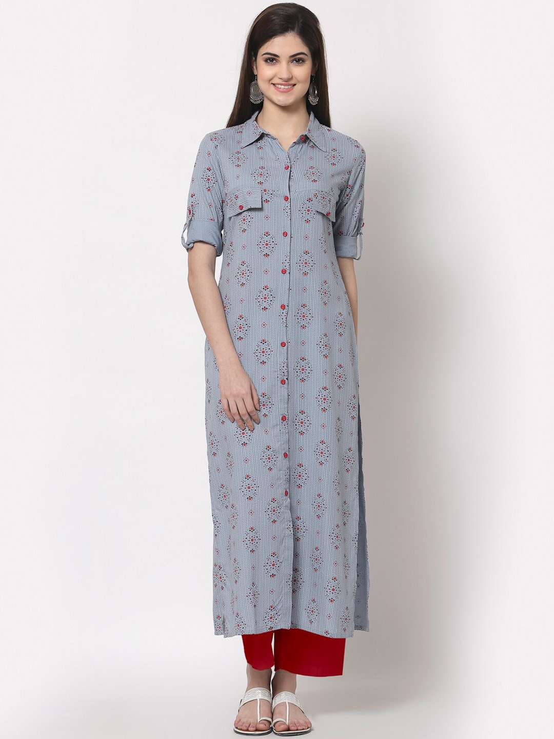 

KBZ Women Grey & Maroon Geometric Printed Roll-Up Sleeve Straight Kurta