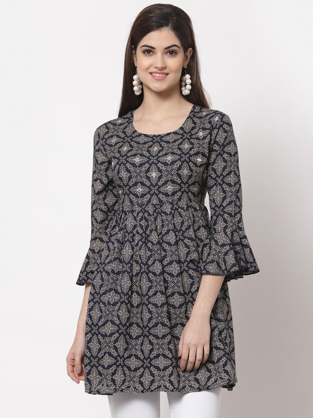 

KBZ Women Blue Ethnic Motif Printed Longline Top