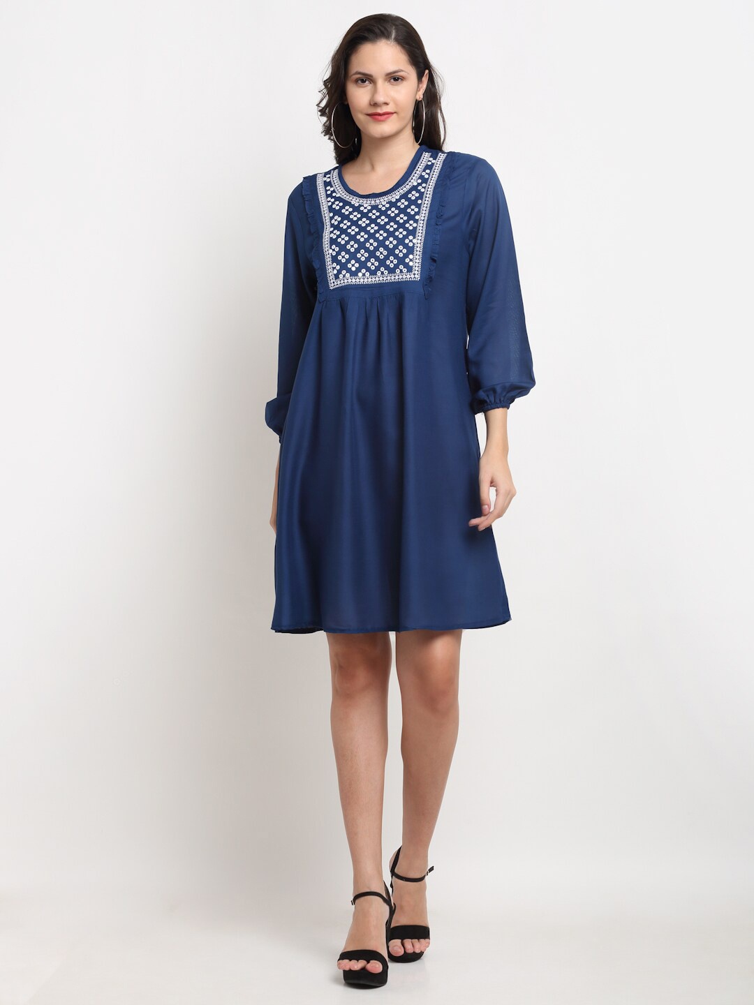 

Miaz Lifestyle Blue Embroidered Fit and Flare Dress