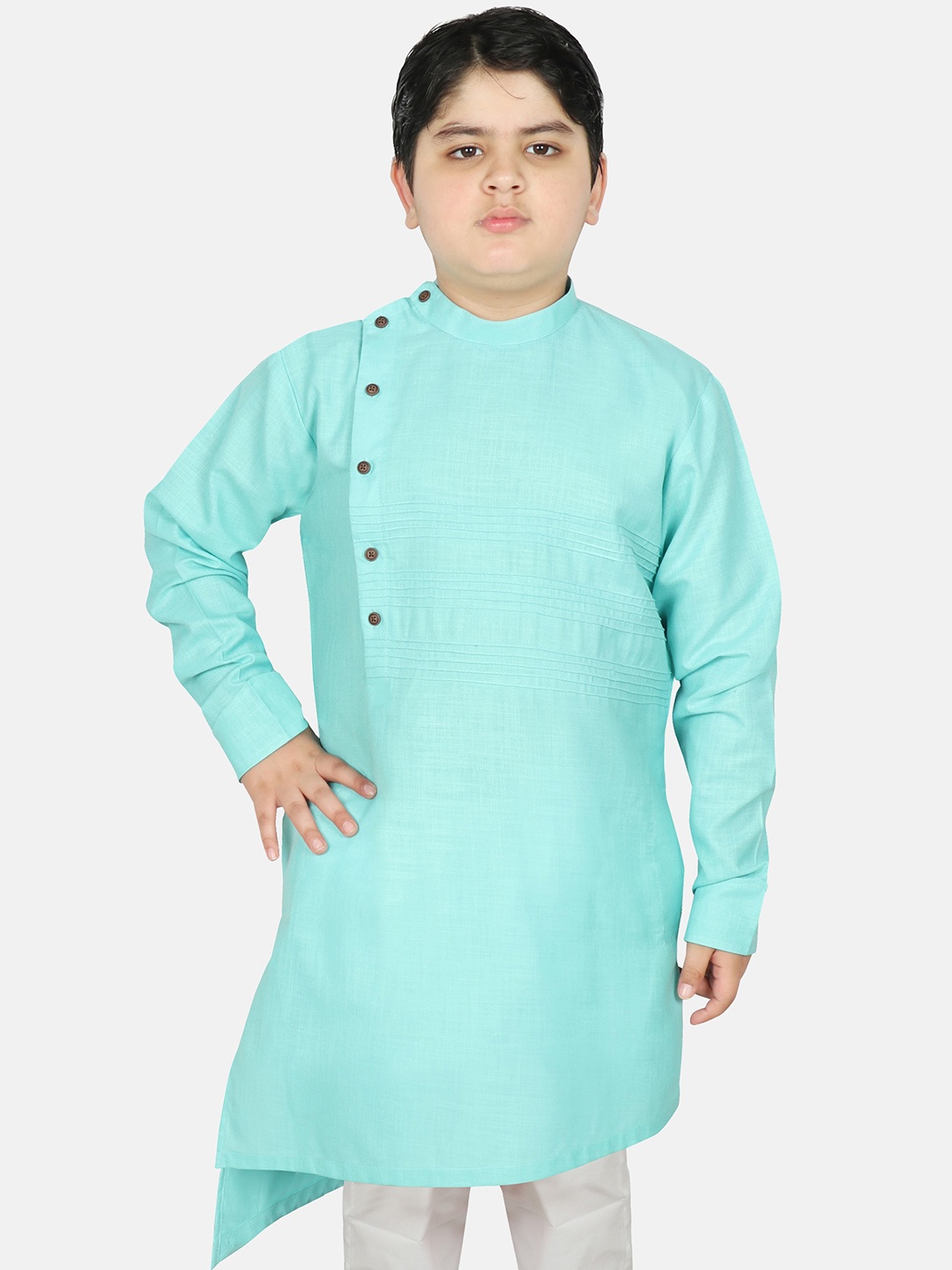 

SG YUVRAJ Boys Turquoise Blue Solid Band Collar Cotton Straight Kurta