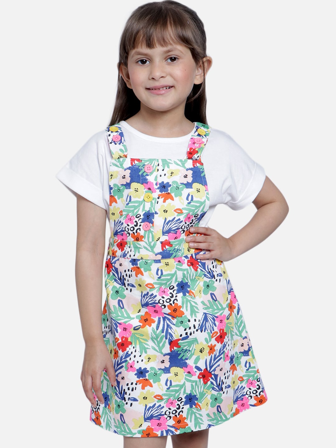 

Nauti Nati Girls Multicolored Floral Printed Dungaree, Multi