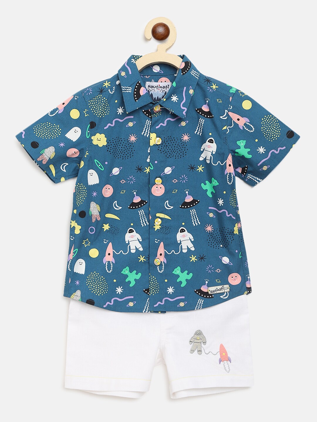 

Nauti Nati Boys Blue & White Printed Pure Cotton Shirt with Shorts