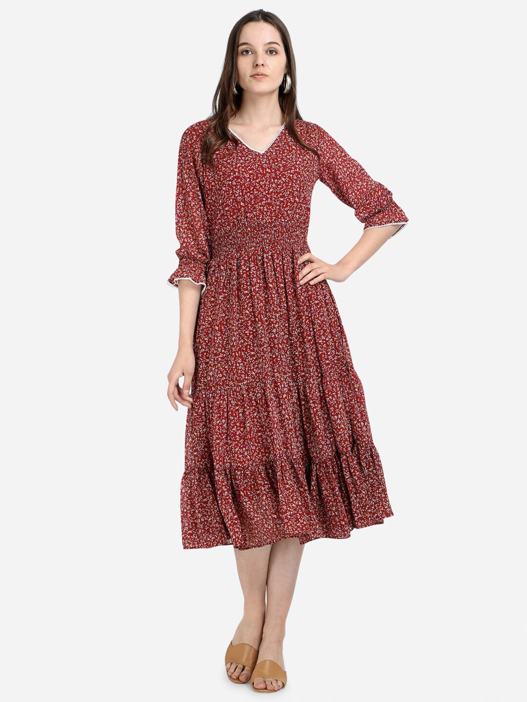 

Fbella Red & Beige Floral Georgette Tiered Dress