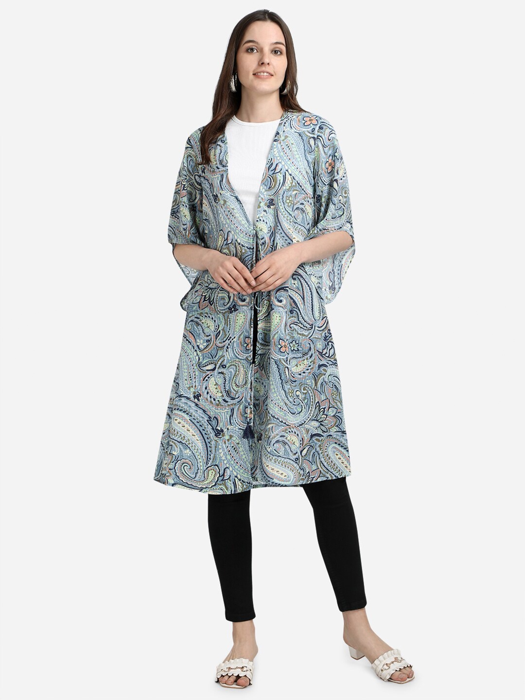 

Fbella Women Blue & Green Printed Longline Tie-Up Shrug